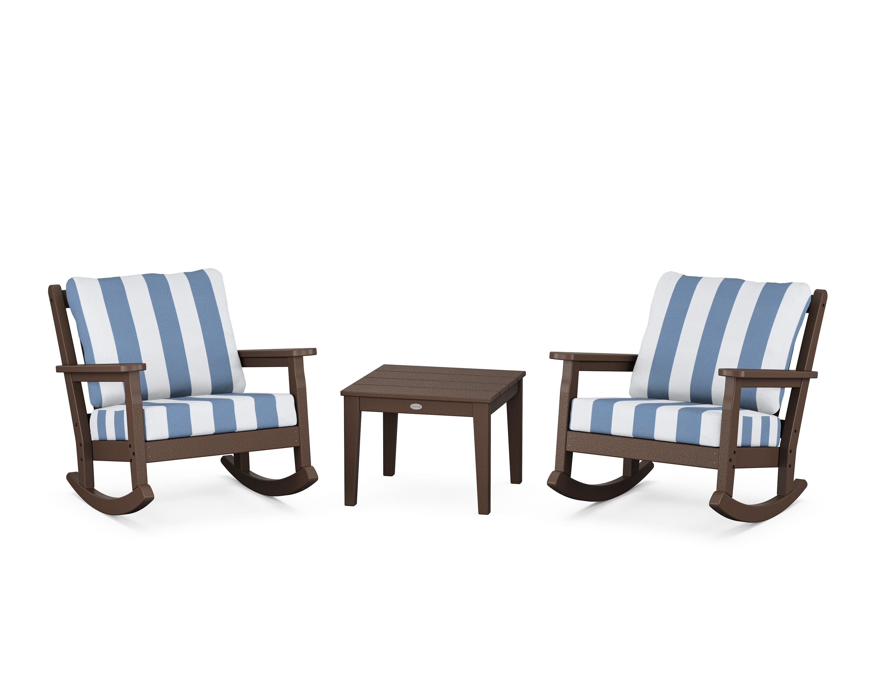 POLYWOOD® Chippendale 3-Piece Deep Seating Rocker Set in Mahogany / Cabana Stripe Sky Blue