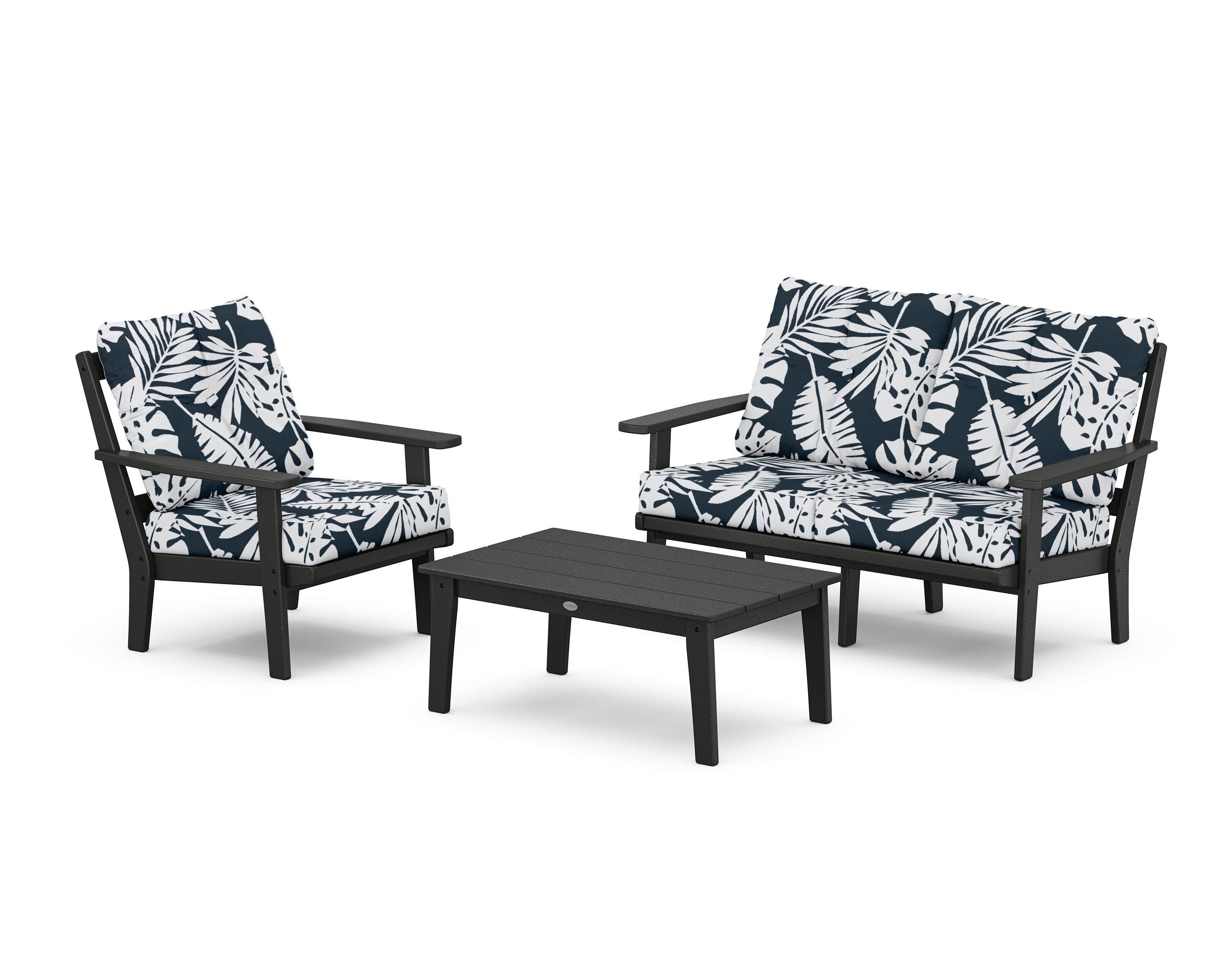 POLYWOOD® Prairie 3-Piece Deep Seating Set with Loveseat in Black / Leaf Marine Indigo