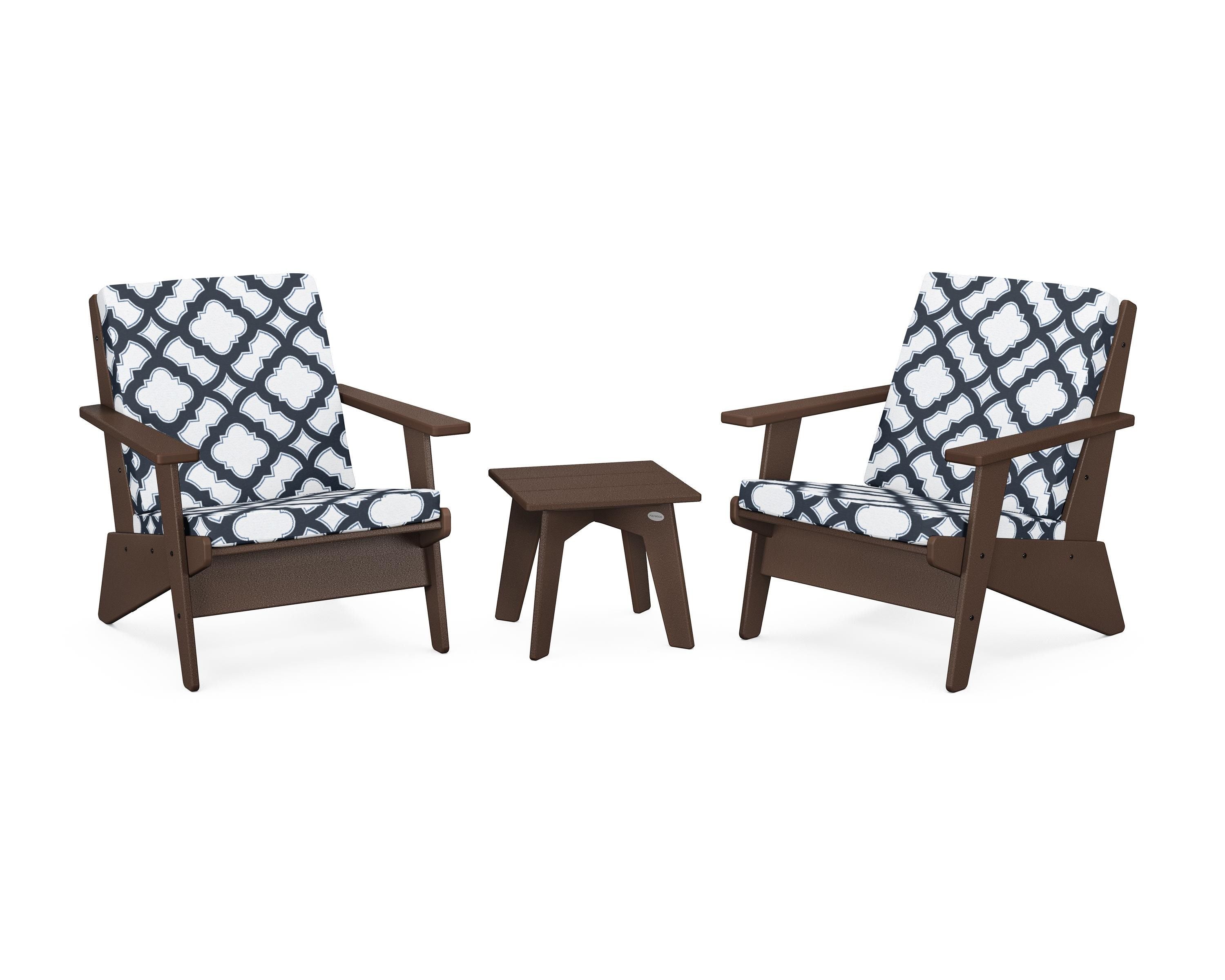 POLYWOOD® Riviera Modern Lounge 3-Piece Set in Mahogany / Trellis Marine Indigo
