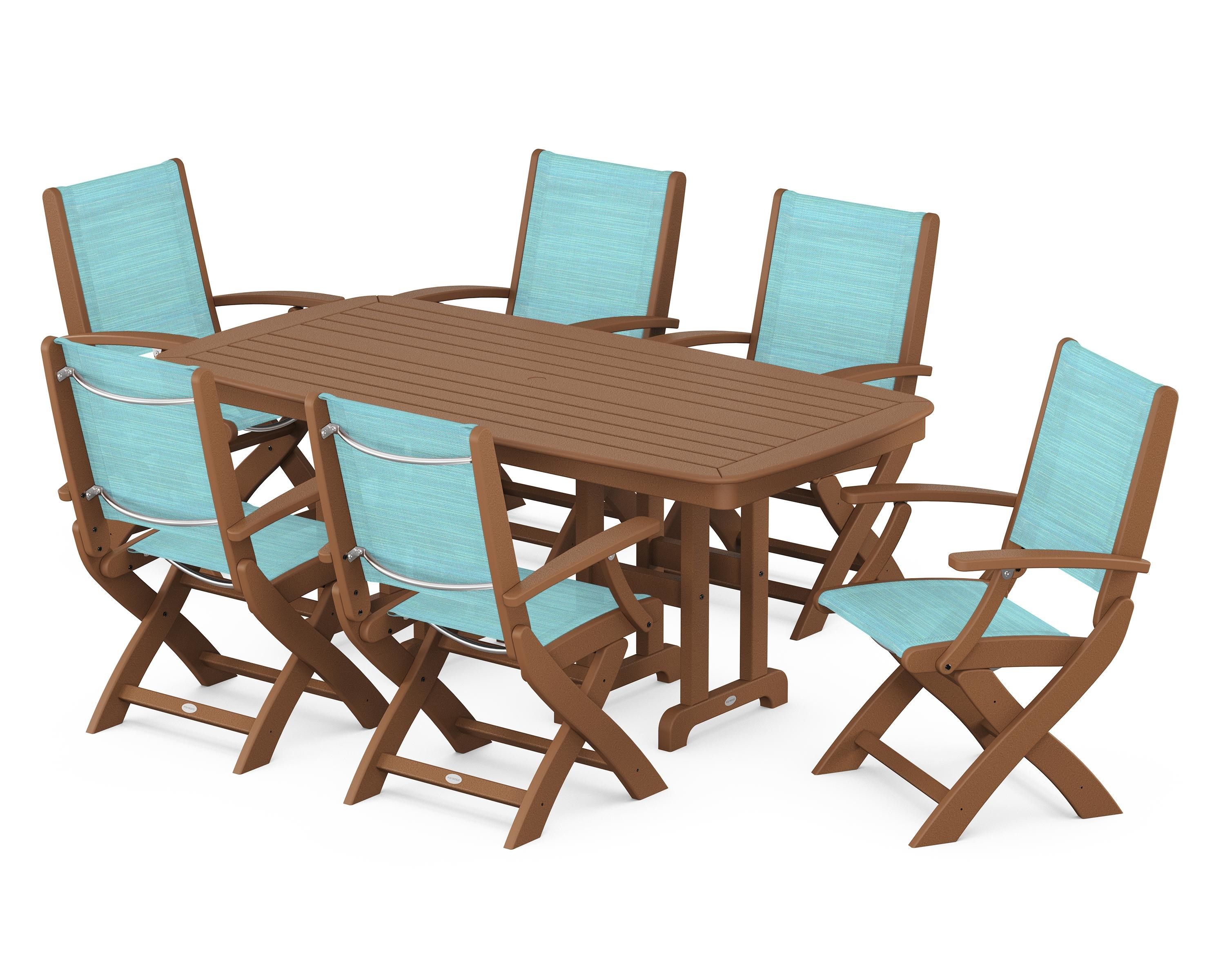 POLYWOOD® Coastal Folding Arm Chair 7-Piece Dining Set in Teak / Dupioni Aquamarine Sling