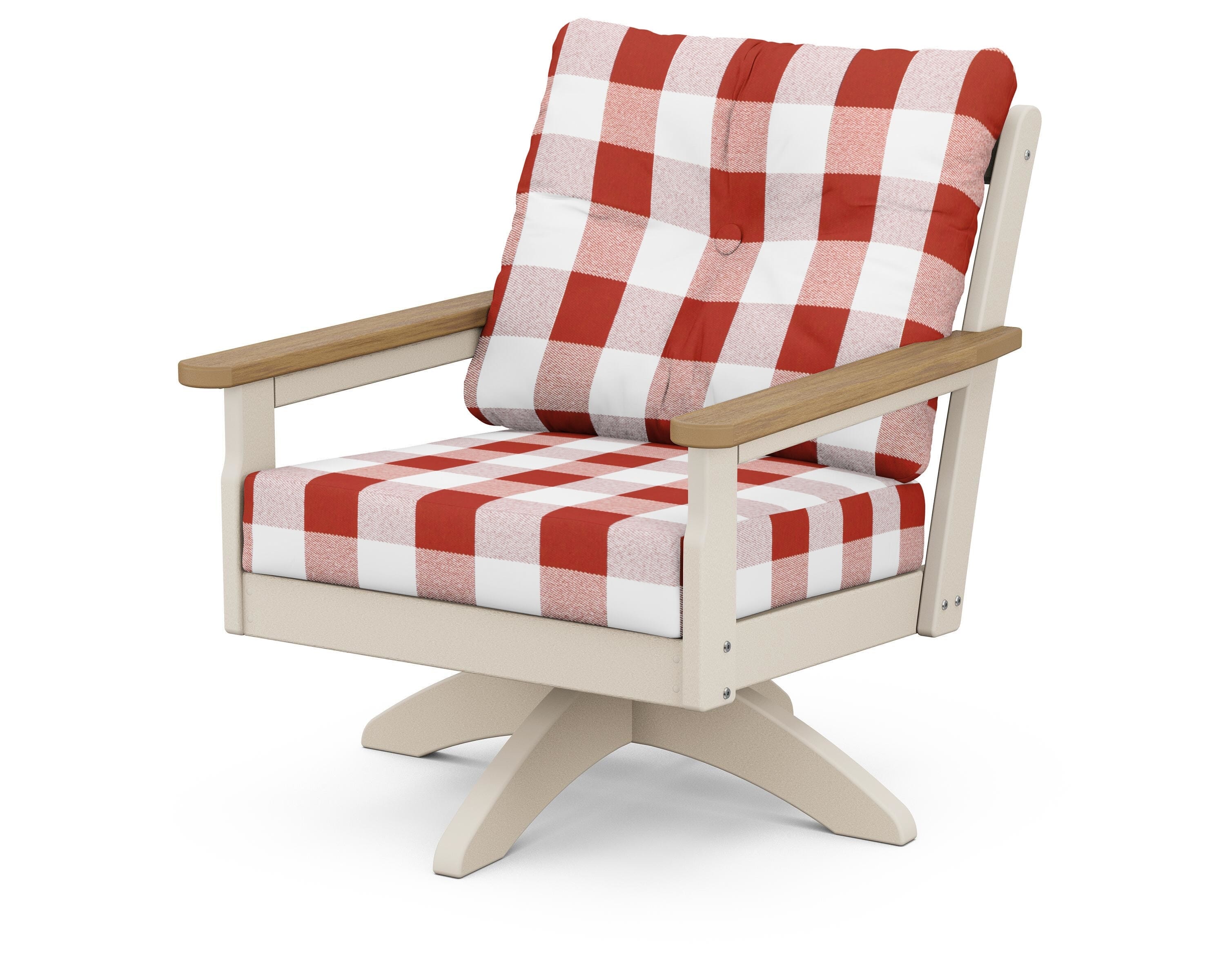 POLYWOOD® Vineyard Deep Seating Swivel Chair in Sand / Natural / Buffalo Plaid Crimson