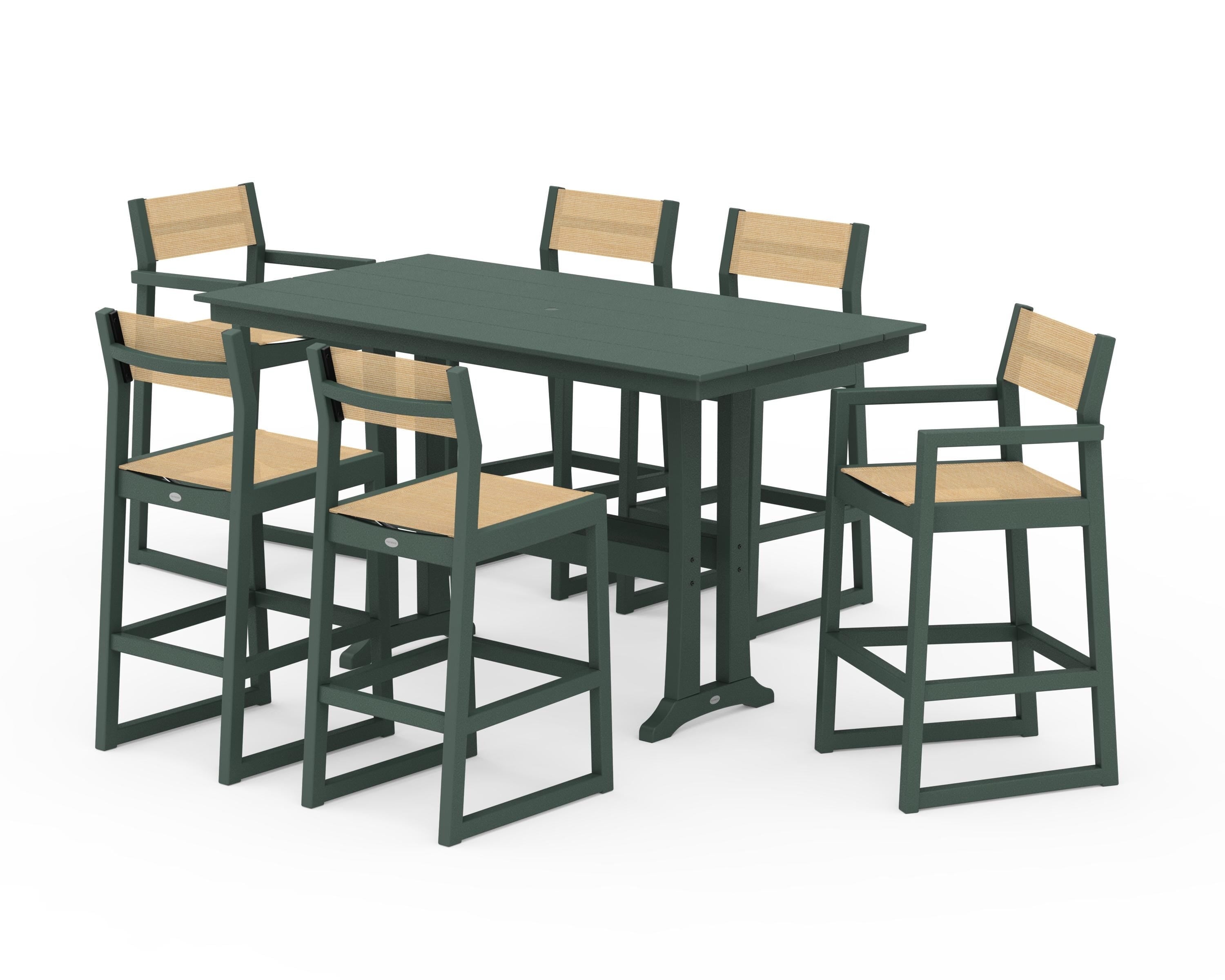 POLYWOOD® EDGE Sling 7-Piece Farmhouse Bar Set with Trestle Legs in Green / Dupioni Apricot Sling