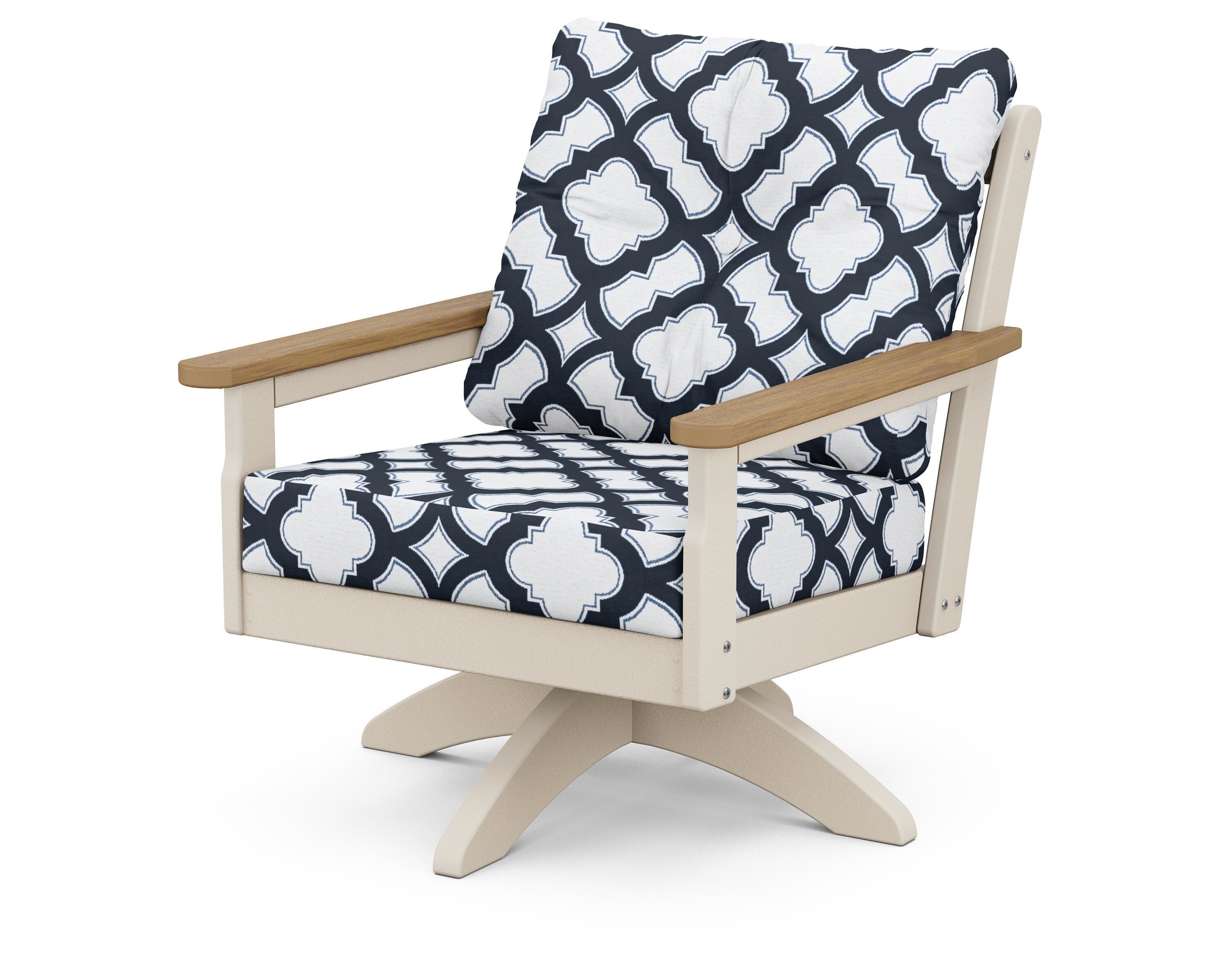 POLYWOOD® Vineyard Deep Seating Swivel Chair in Sand / Natural / Trellis Marine Indigo