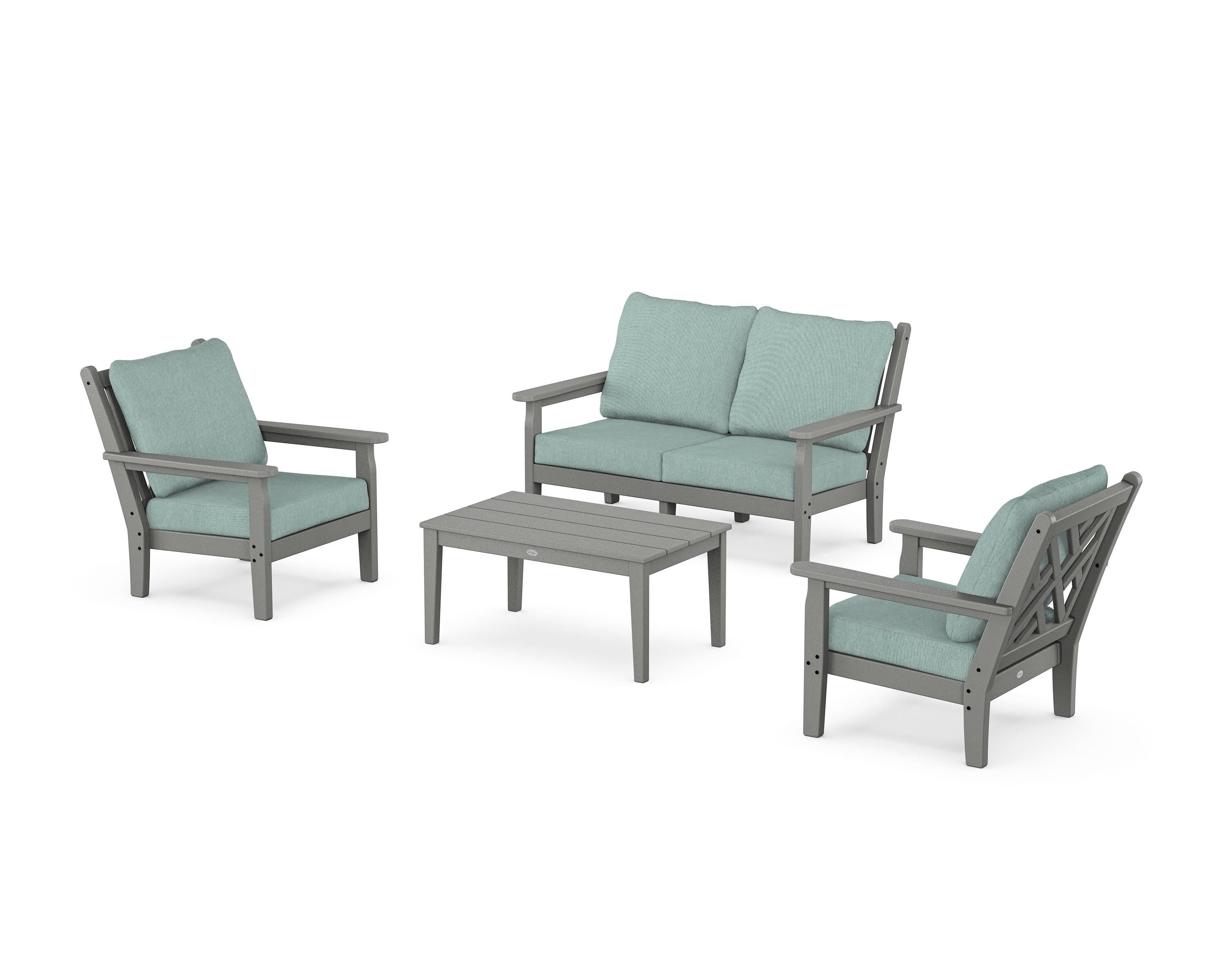 POLYWOOD® Chippendale 4-Piece Deep Seating Set with Loveseat in Slate Grey / Glacier Spa