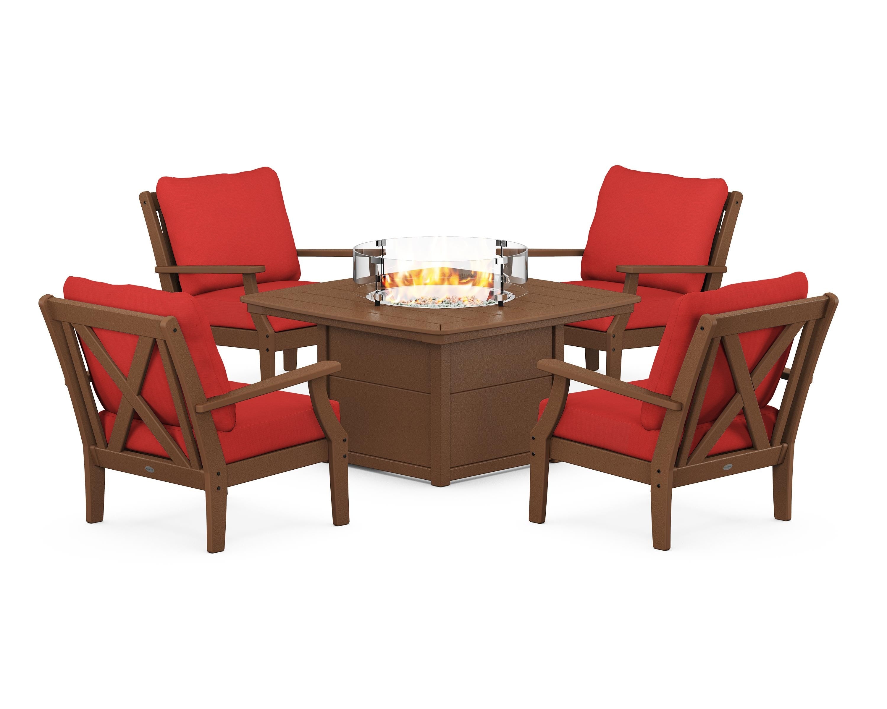 POLYWOOD® Braxton 5-Piece Deep Seating Conversation Set with Fire Pit Table in Teak / Crimson Linen