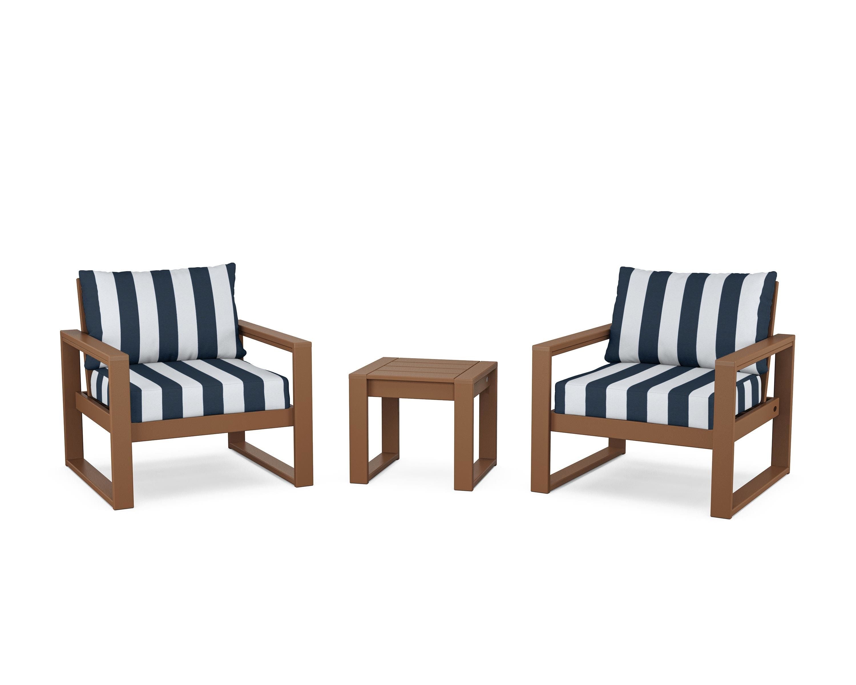 POLYWOOD® EDGE Sectional 3-Piece Deep Seating Set in Teak / Cabana Stripe Marine Indigo