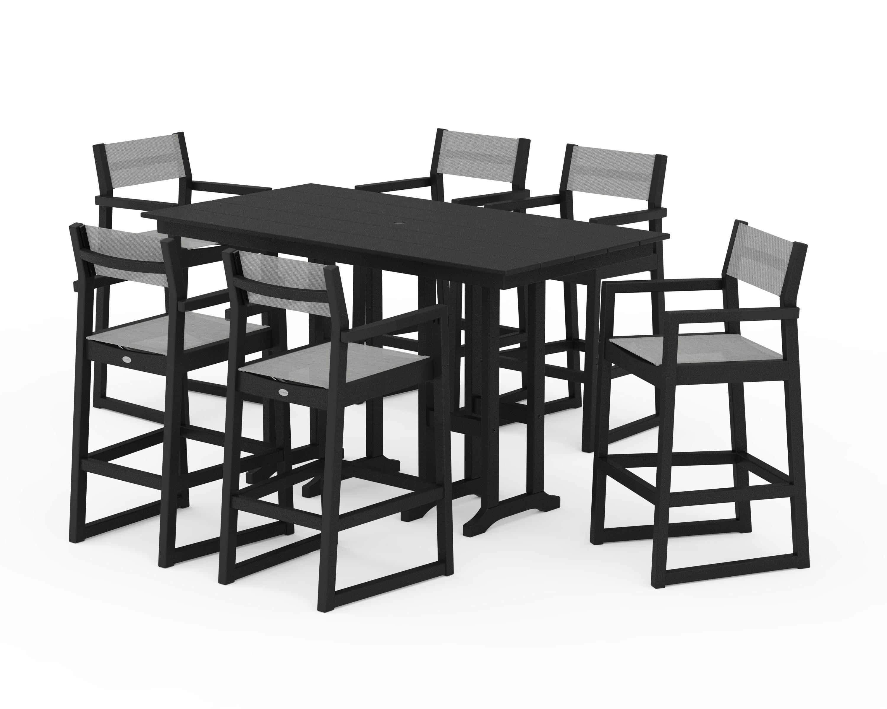 POLYWOOD® EDGE Sling Arm Chair 7-Piece Farmhouse Bar Set in Black / Metallic Sling