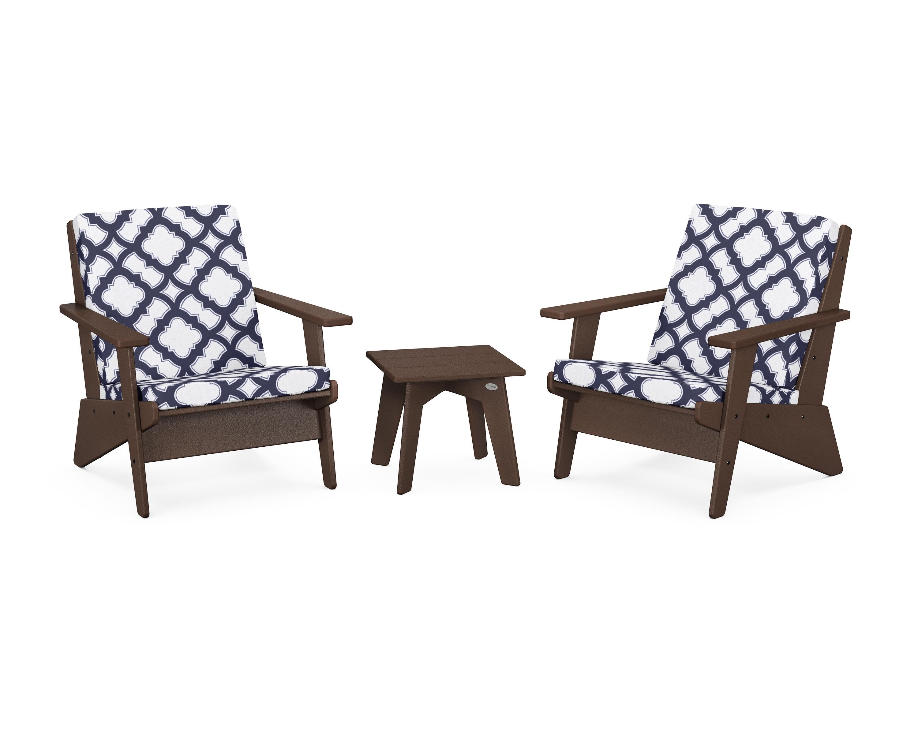 POLYWOOD® Riviera Modern Lounge 3-Piece Set in Mahogany / Trellis Navy