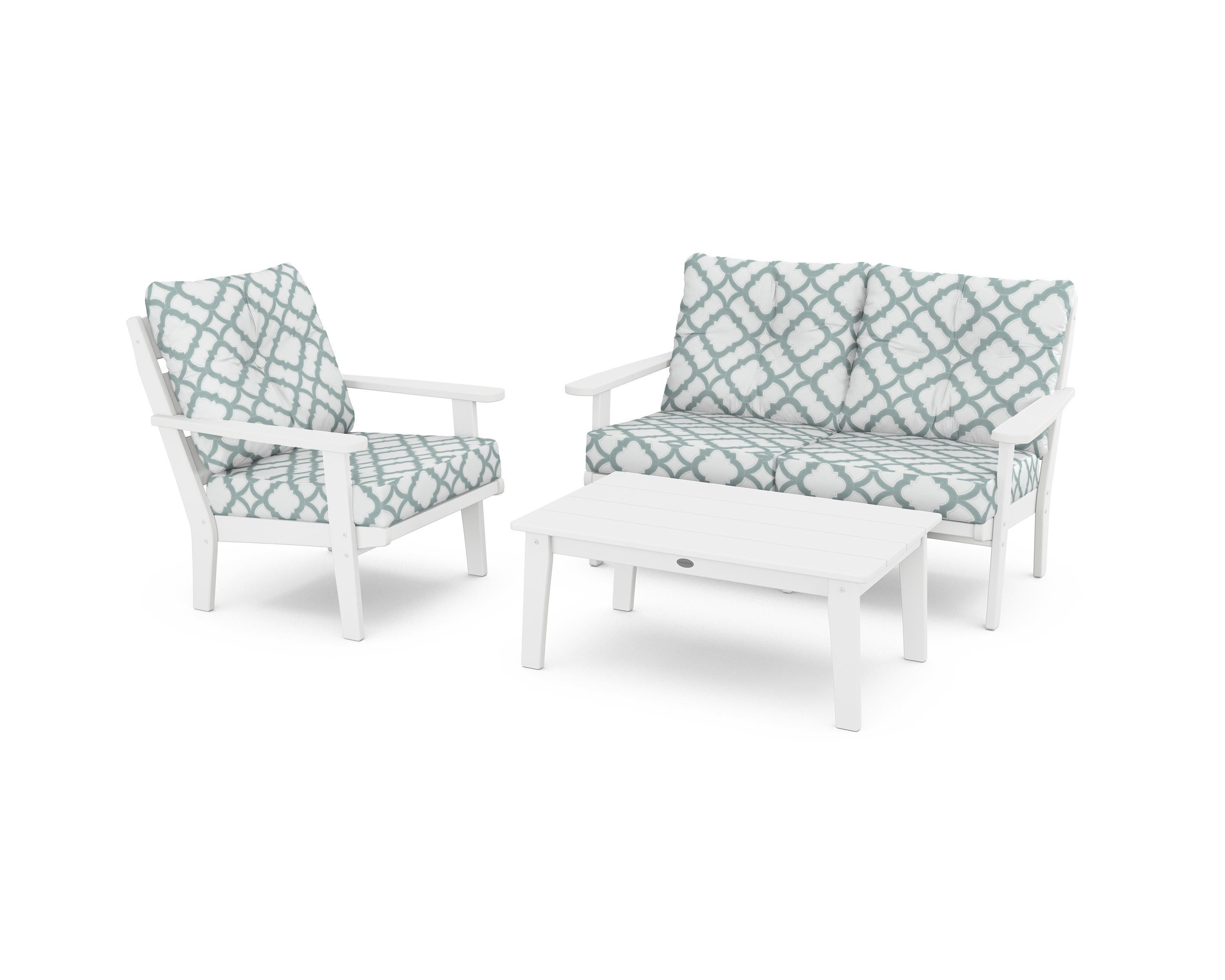 POLYWOOD® Lakeside 3-Piece Deep Seating Set in White / Trellis Glacier Spa