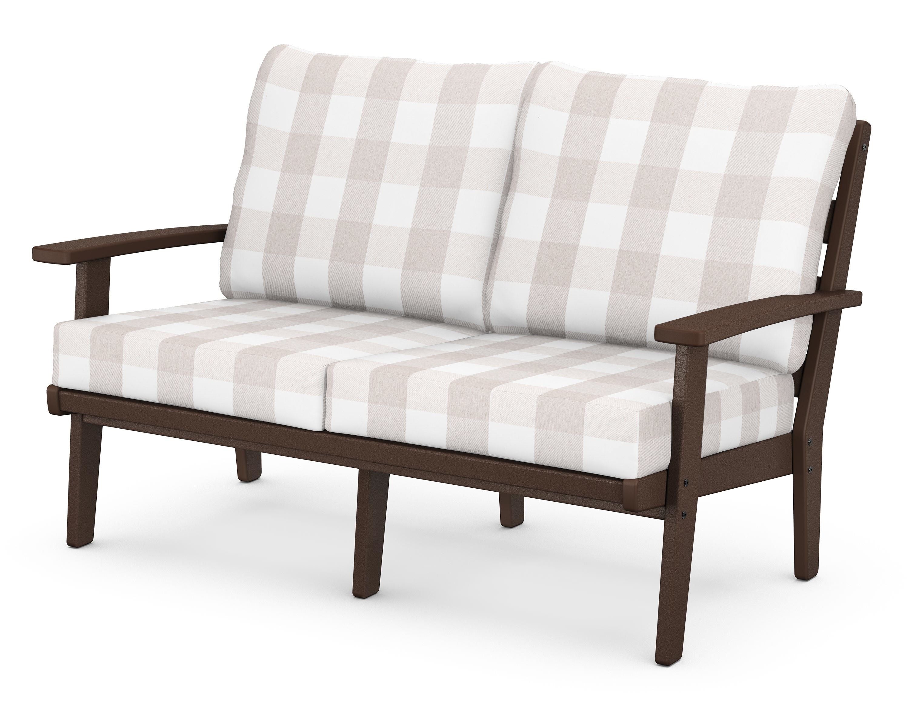 POLYWOOD® Grant Park Deep Seating Loveseat in Mahogany / Buffalo Plaid Dune Burlap