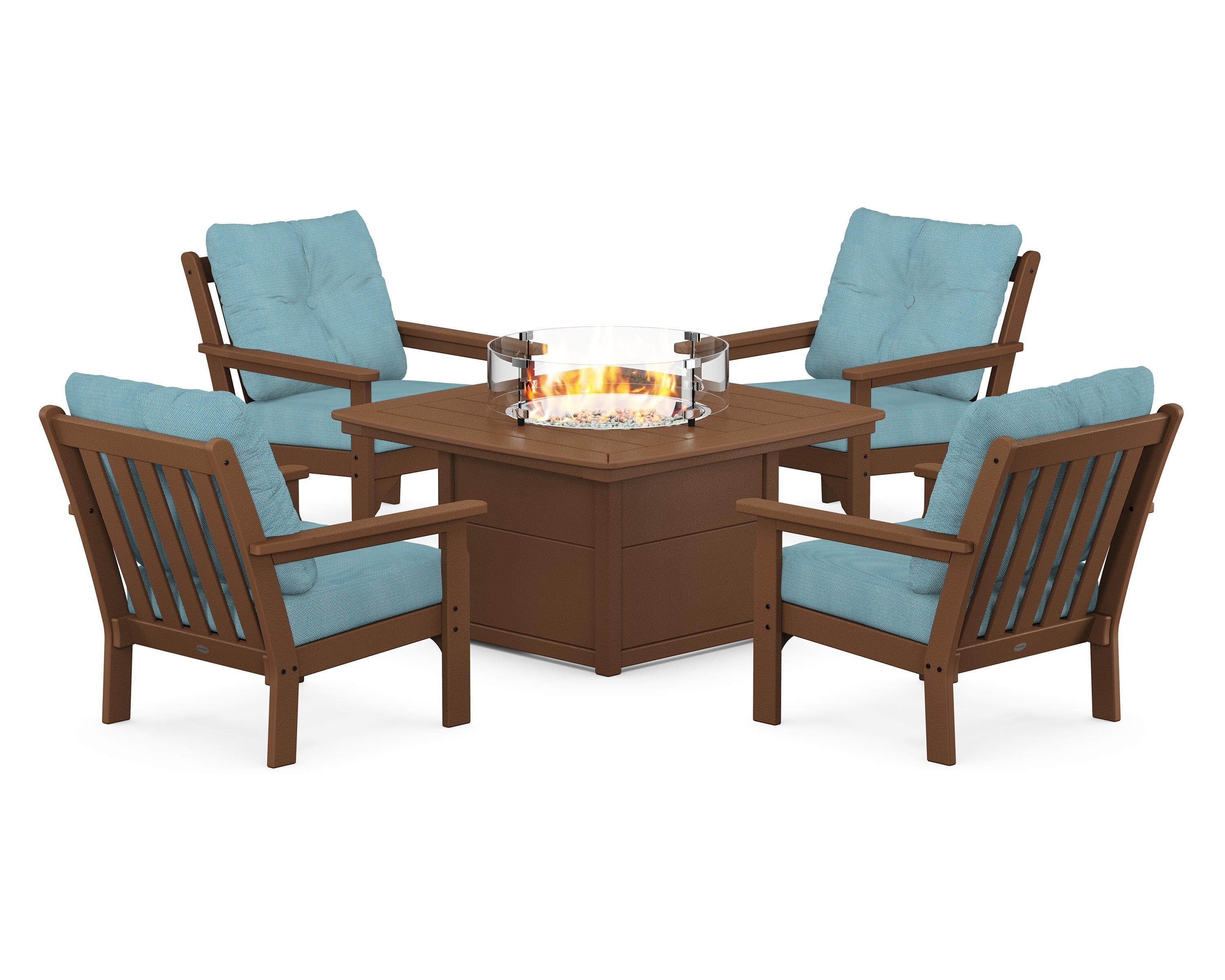POLYWOOD® Vineyard 5-Piece Conversation Set with Fire Pit Table in Teak / Lattice Sky Blue