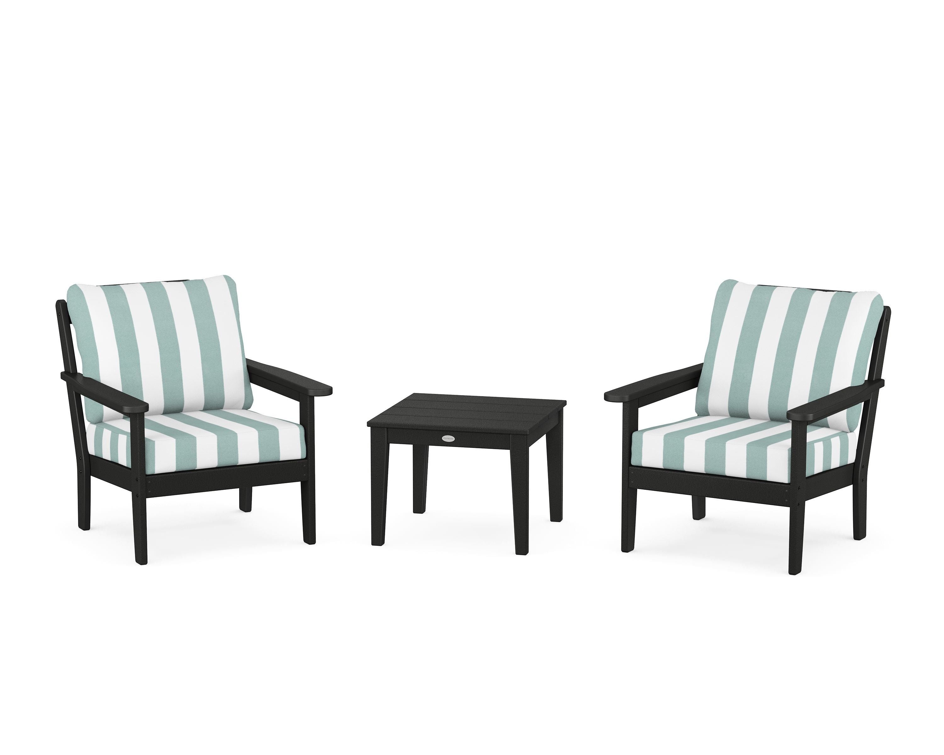 Country Living Cottage 3-Piece Deep Seating Set in Black / Cabana Stripe Glacier Spa