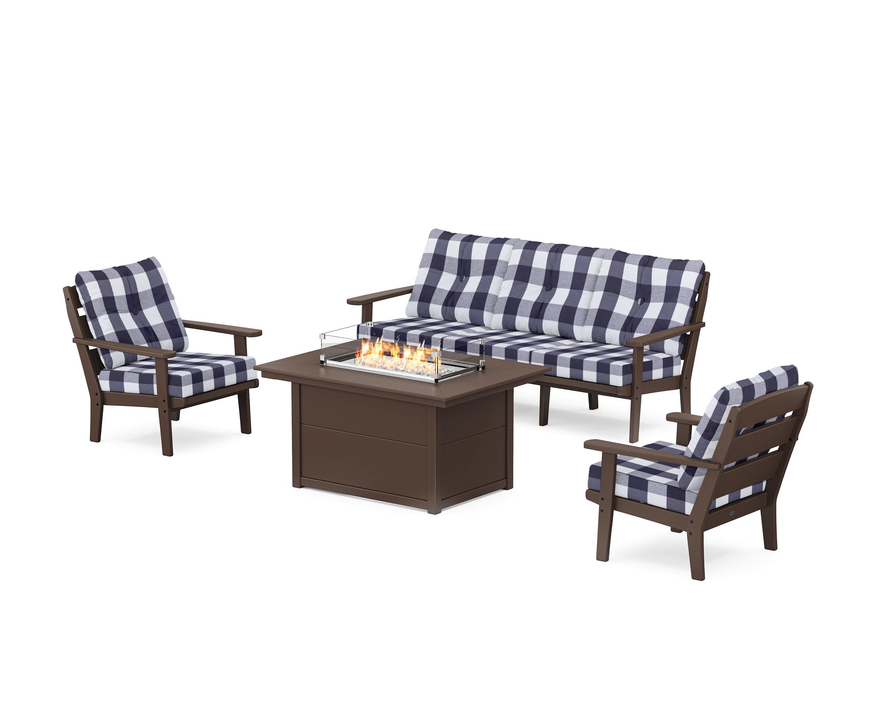 POLYWOOD® Lakeside Deep Seating Fire Pit Table Set in Mahogany / Buffalo Plaid Navy