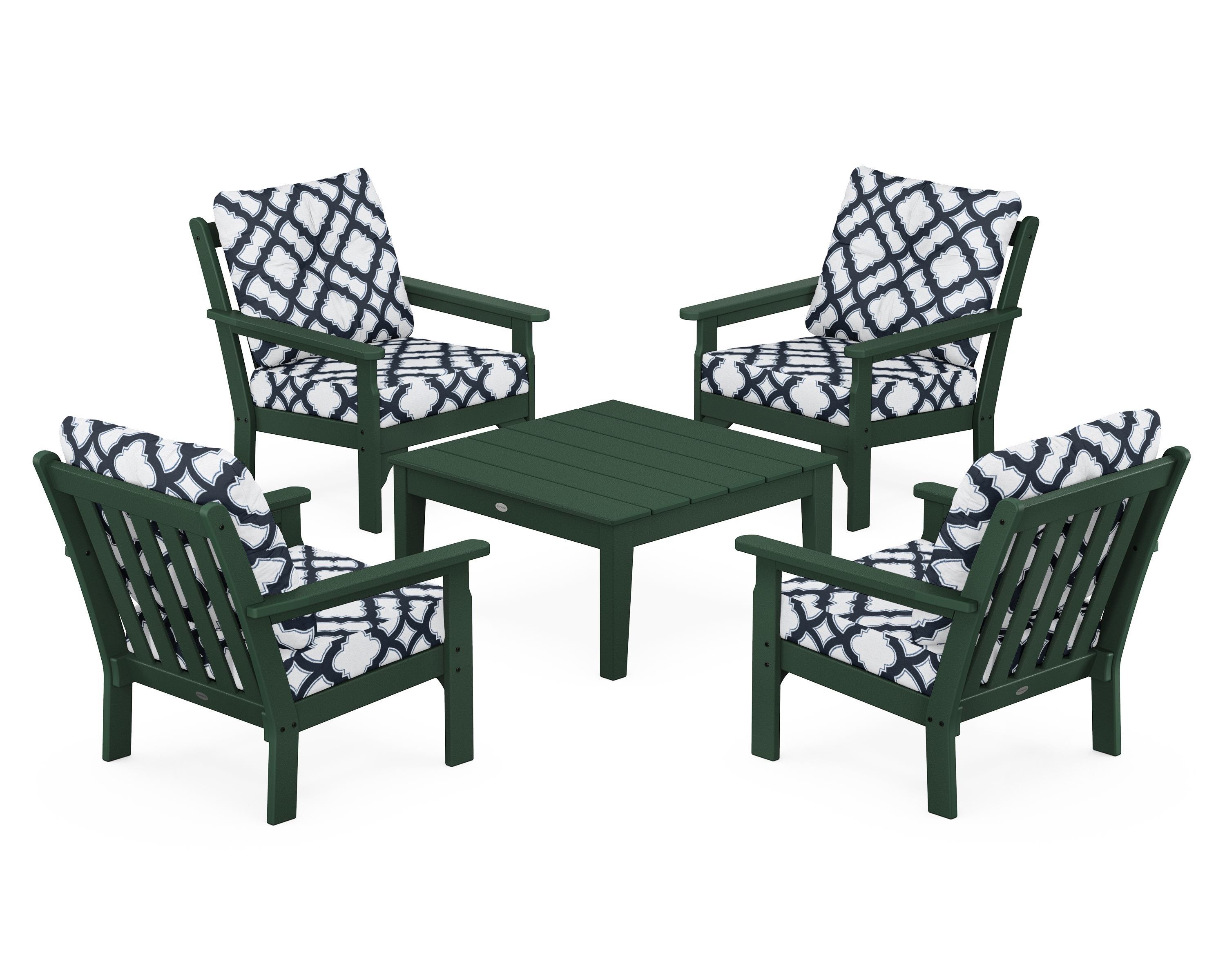 POLYWOOD® Vineyard 5-Piece Deep Seating Conversation Set in Green / Trellis Marine Indigo