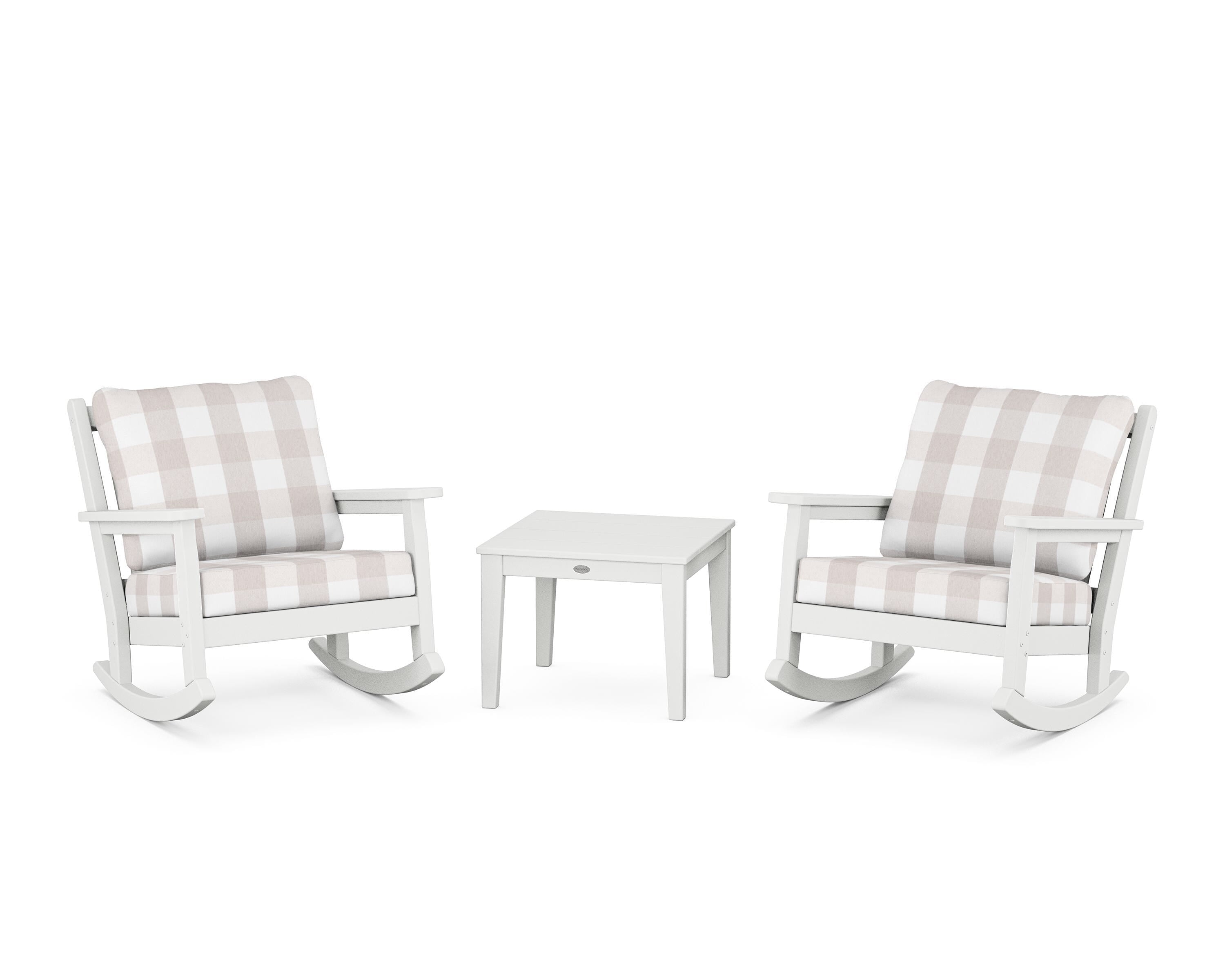 POLYWOOD® Chippendale 3-Piece Deep Seating Rocker Set in White / Buffalo Plaid Dune Burlap