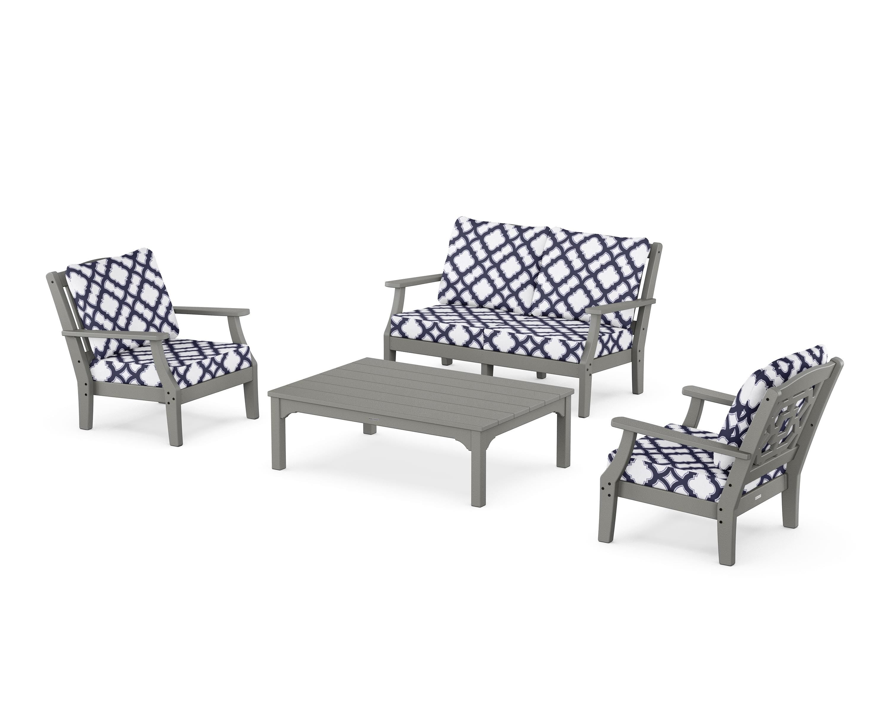 Martha Stewart by POLYWOOD® Chinoiserie 4-Piece Deep Seating Set with Loveseat in Slate Grey / Trellis Navy
