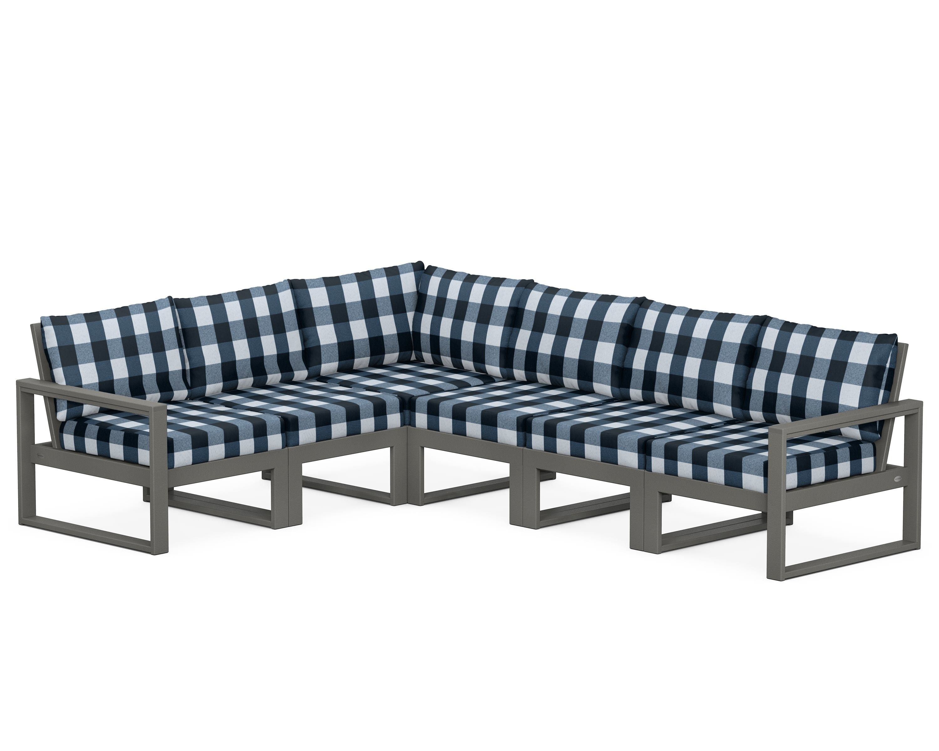 POLYWOOD® EDGE 6-Piece Modular Deep Seating Set in Slate Grey / Buffalo Plaid Marine Indigo