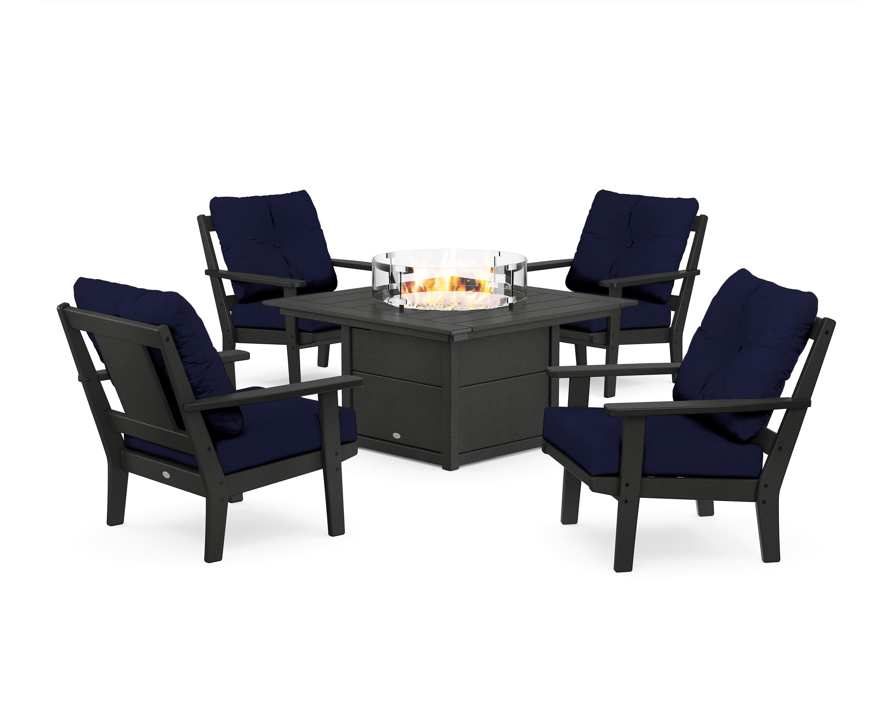 POLYWOOD® Prairie 5-Piece Deep Seating Set with Fire Pit Table in Black / Navy