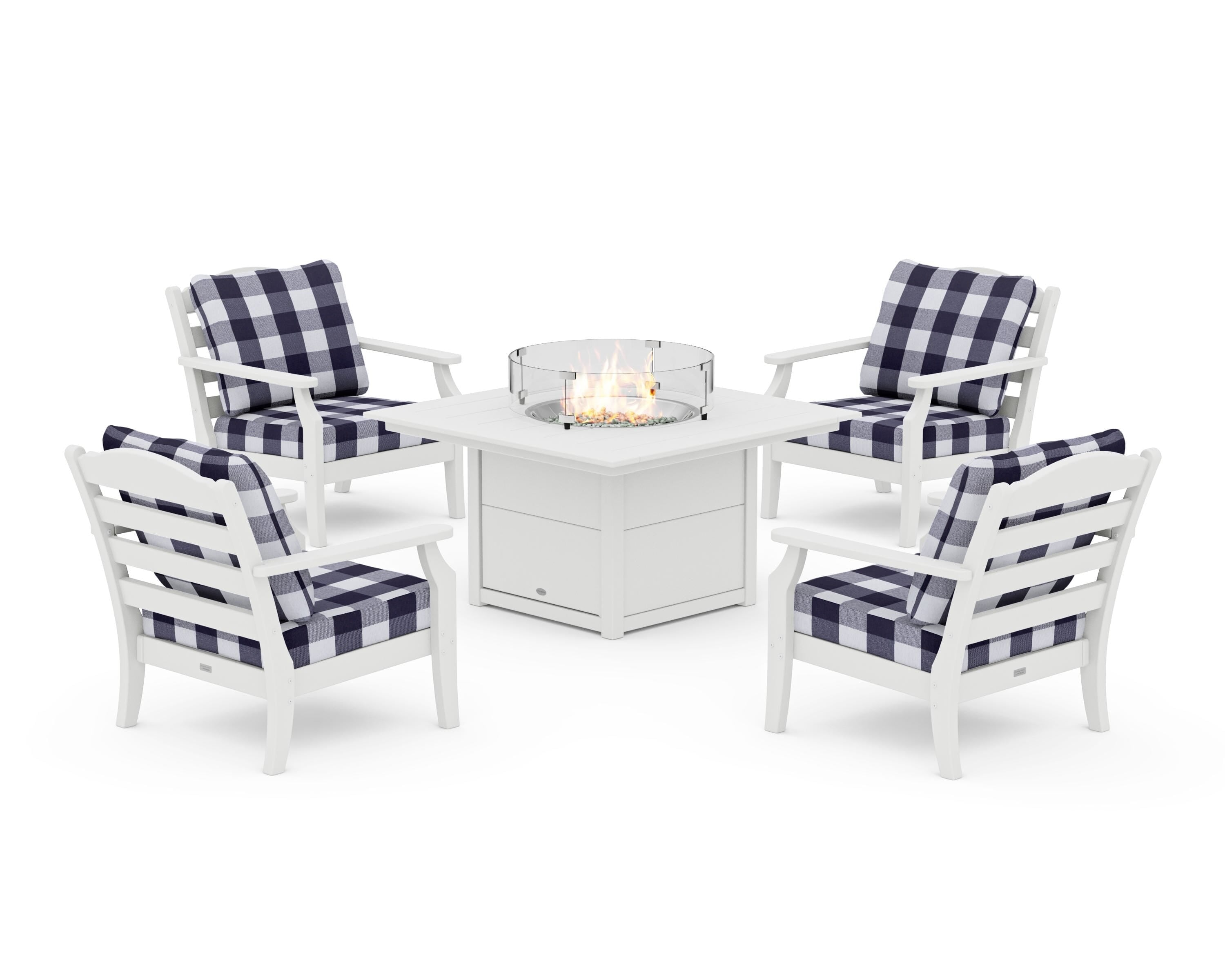 Draper James™ by POLYWOOD® Savannah 5-Piece Deep Seating Set with Fire Pit Table in White / Buffalo Plaid Navy