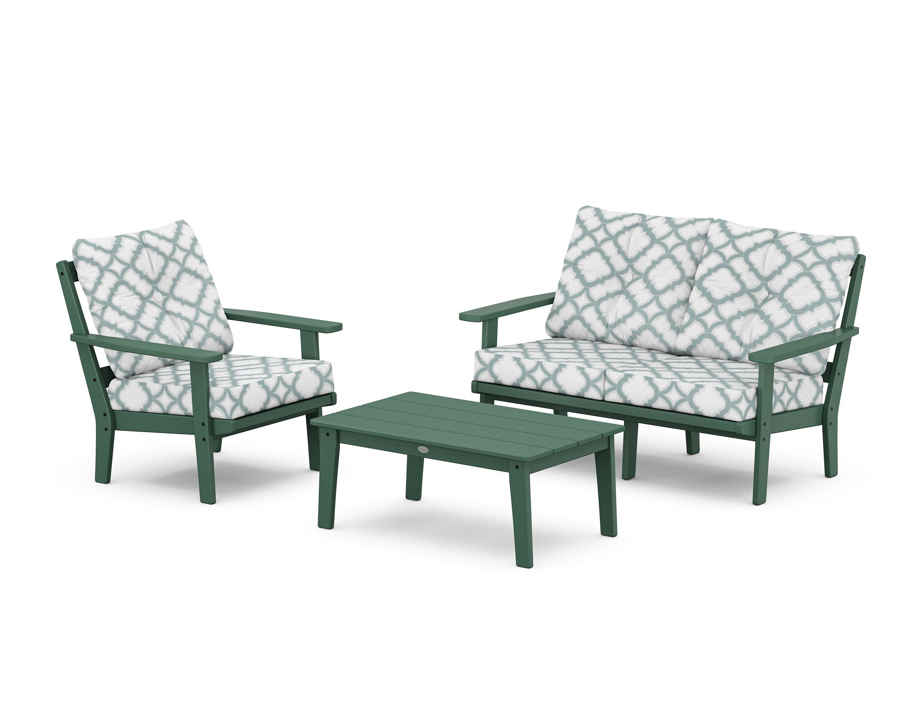POLYWOOD® Oxford 3-Piece Deep Seating Set with Loveseat in Green / Trellis Glacier Spa