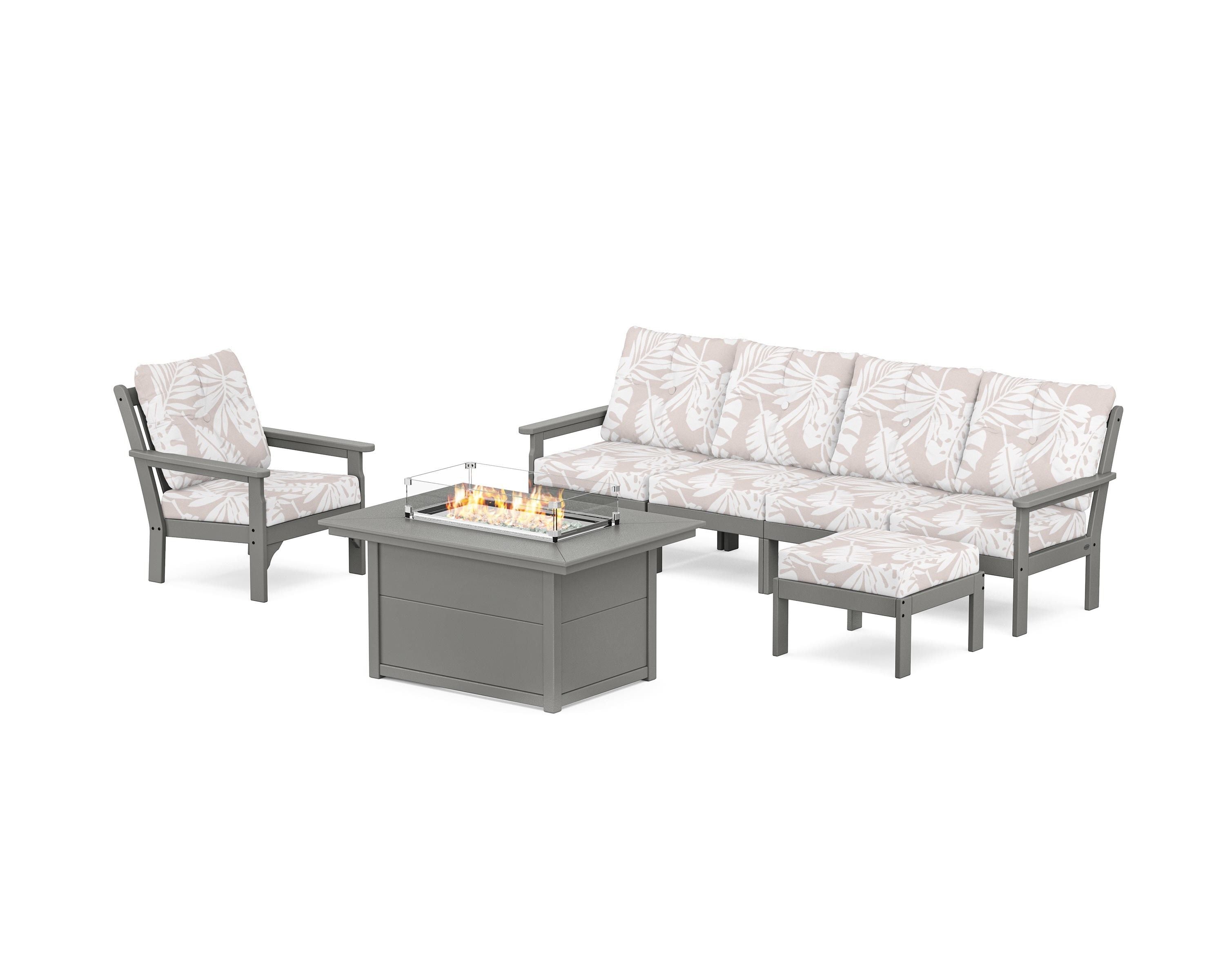 POLYWOOD® Vineyard Sectional Lounge and Fire Pit Set in Slate Grey / Leaf Dune Burlap