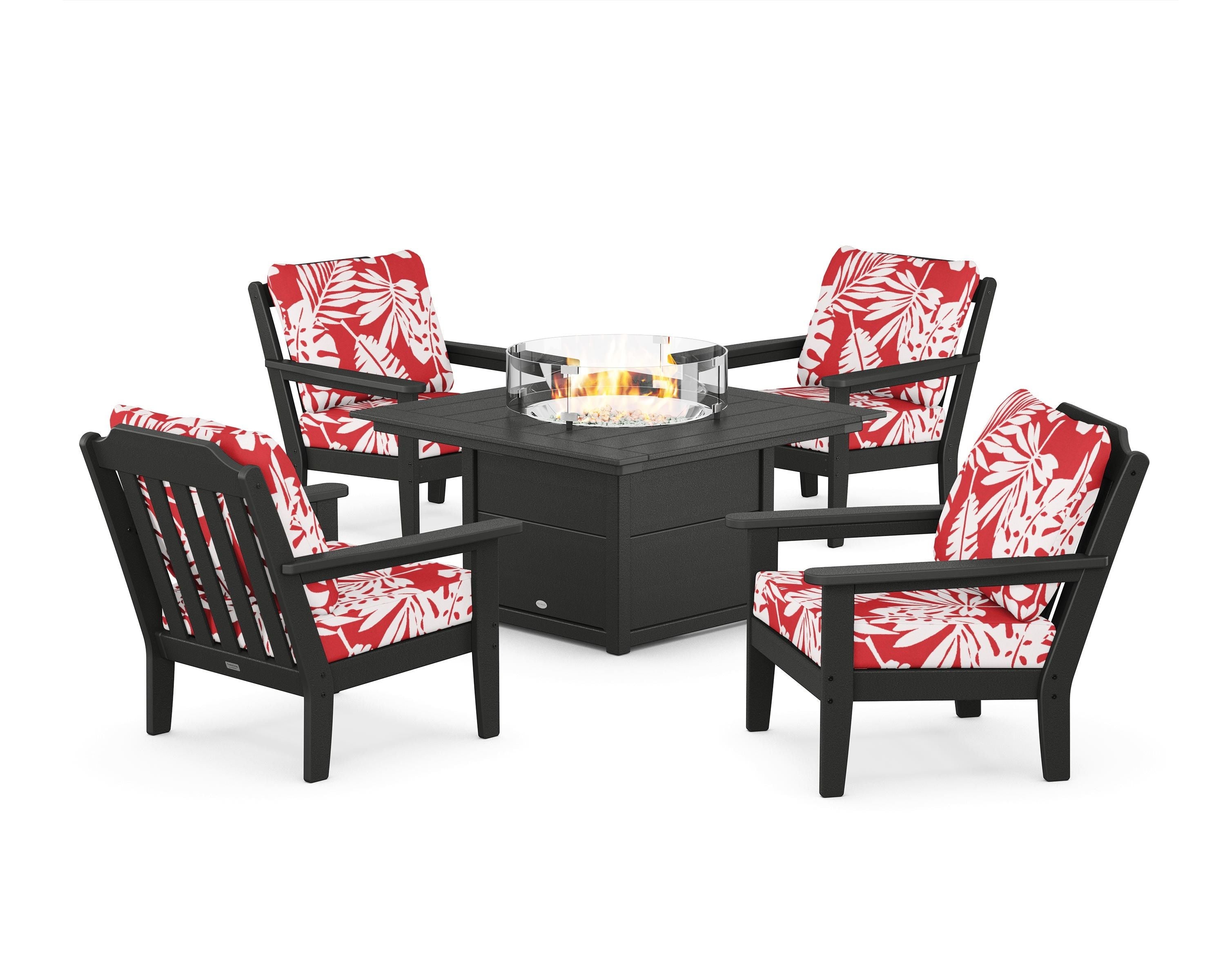 Country Living Cottage 5-Piece Deep Seating Set with Fire Pit Table in Black / Leaf Crimson
