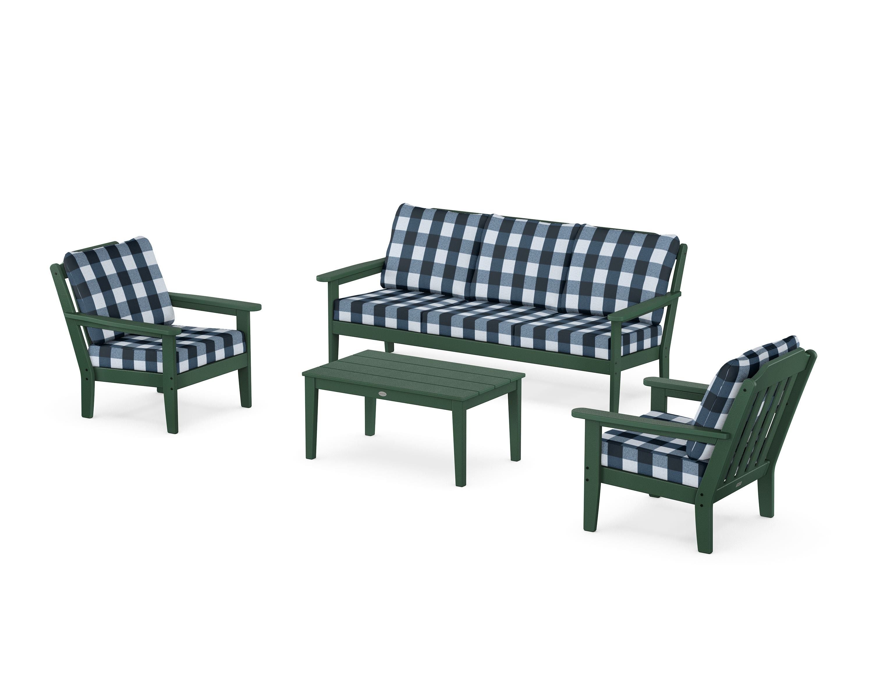 Country Living Cottage 4-Piece Deep Seating Set with Sofa in Green / Buffalo Plaid Marine Indigo