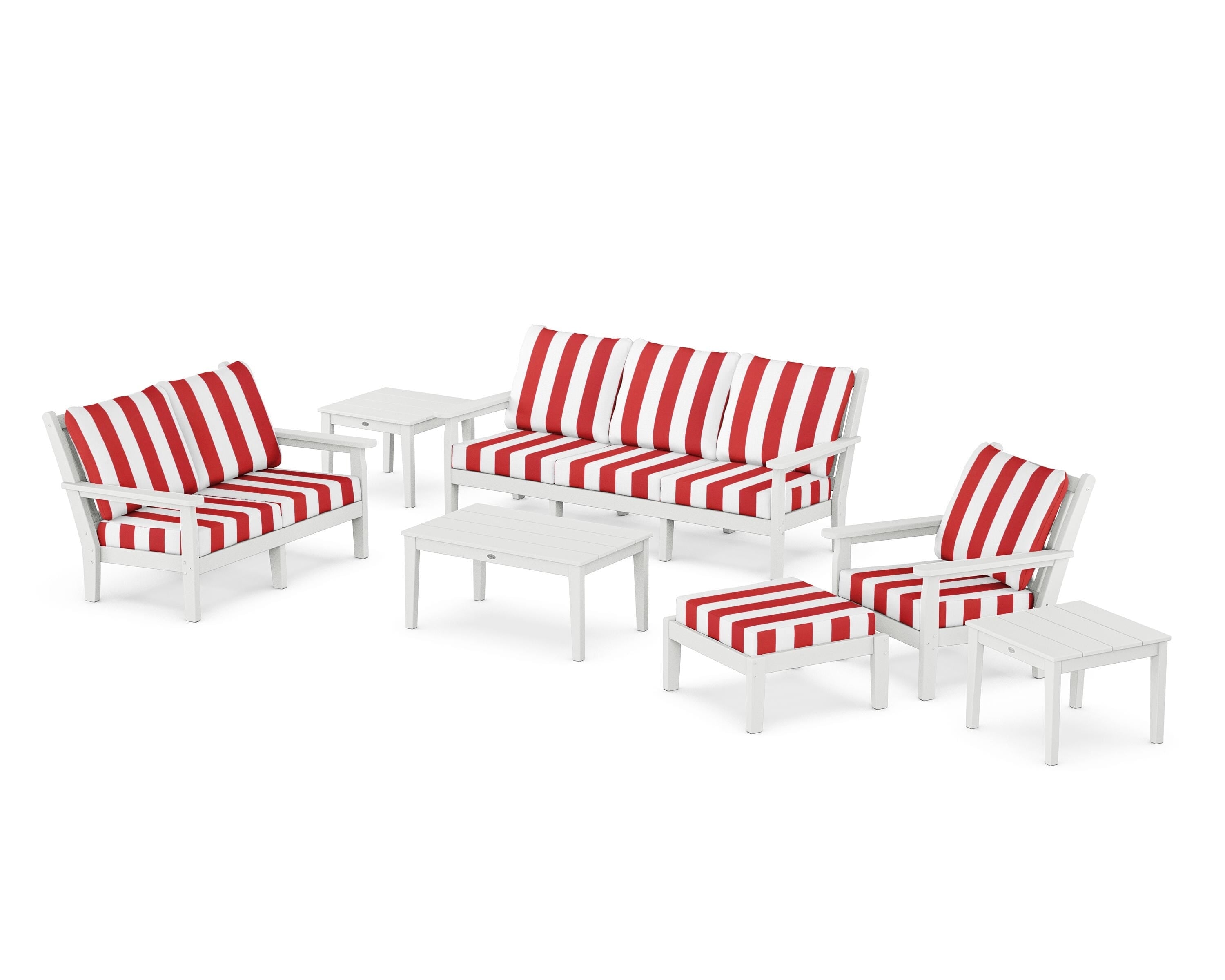 POLYWOOD® Chippendale 7-Piece Deep Seating Set in White / Cabana Stripe Crimson