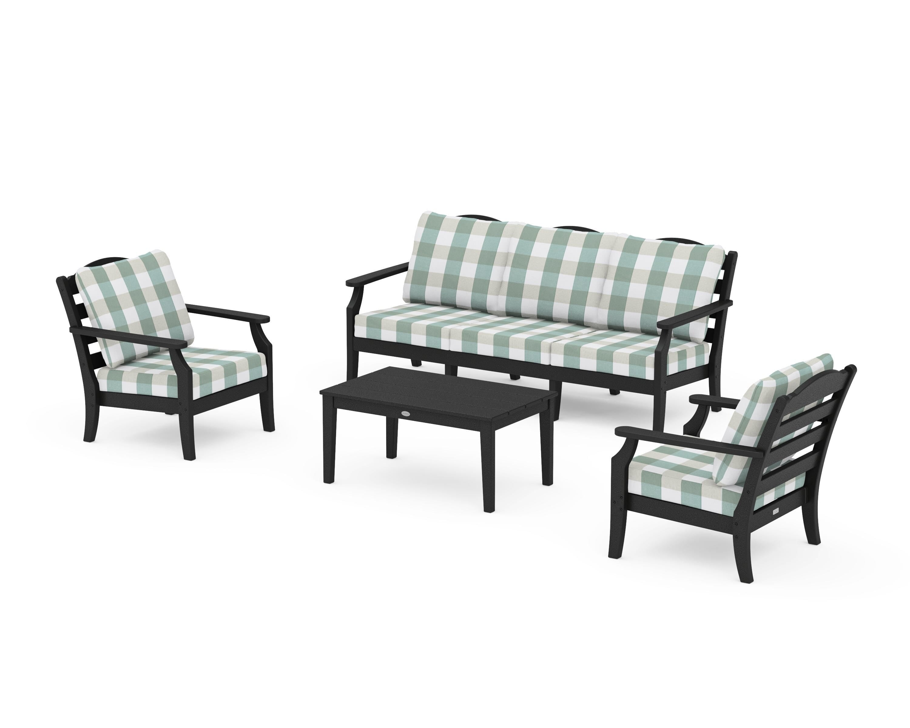 Draper James™ by POLYWOOD® Savannah 4-Piece Deep Seating Set with Sofa in Black / Buffalo Plaid Glacier Spa