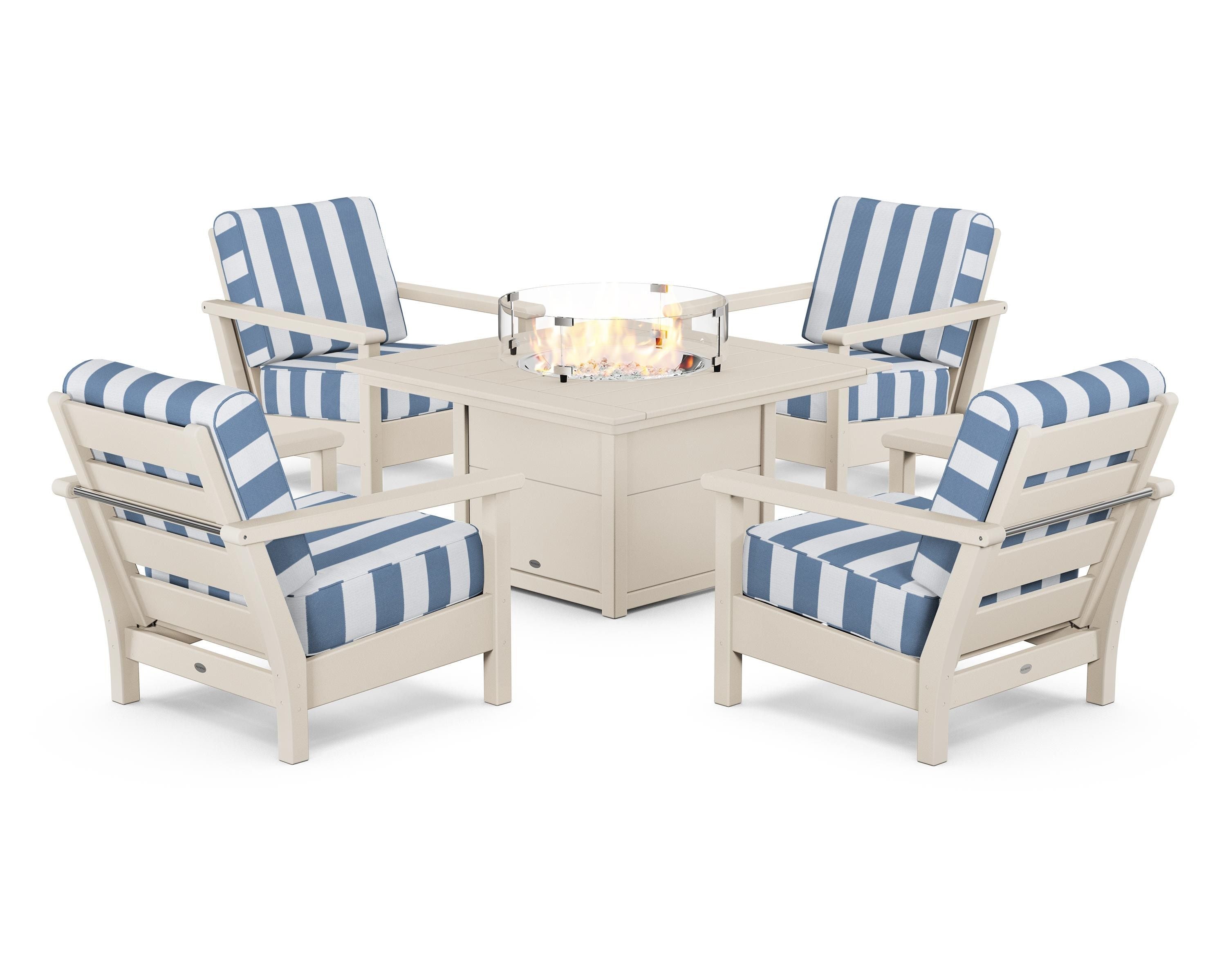 POLYWOOD® Harbour 5-Piece Conversation Set with Fire Pit Table in Sand / Cabana Stripe Sky Blue