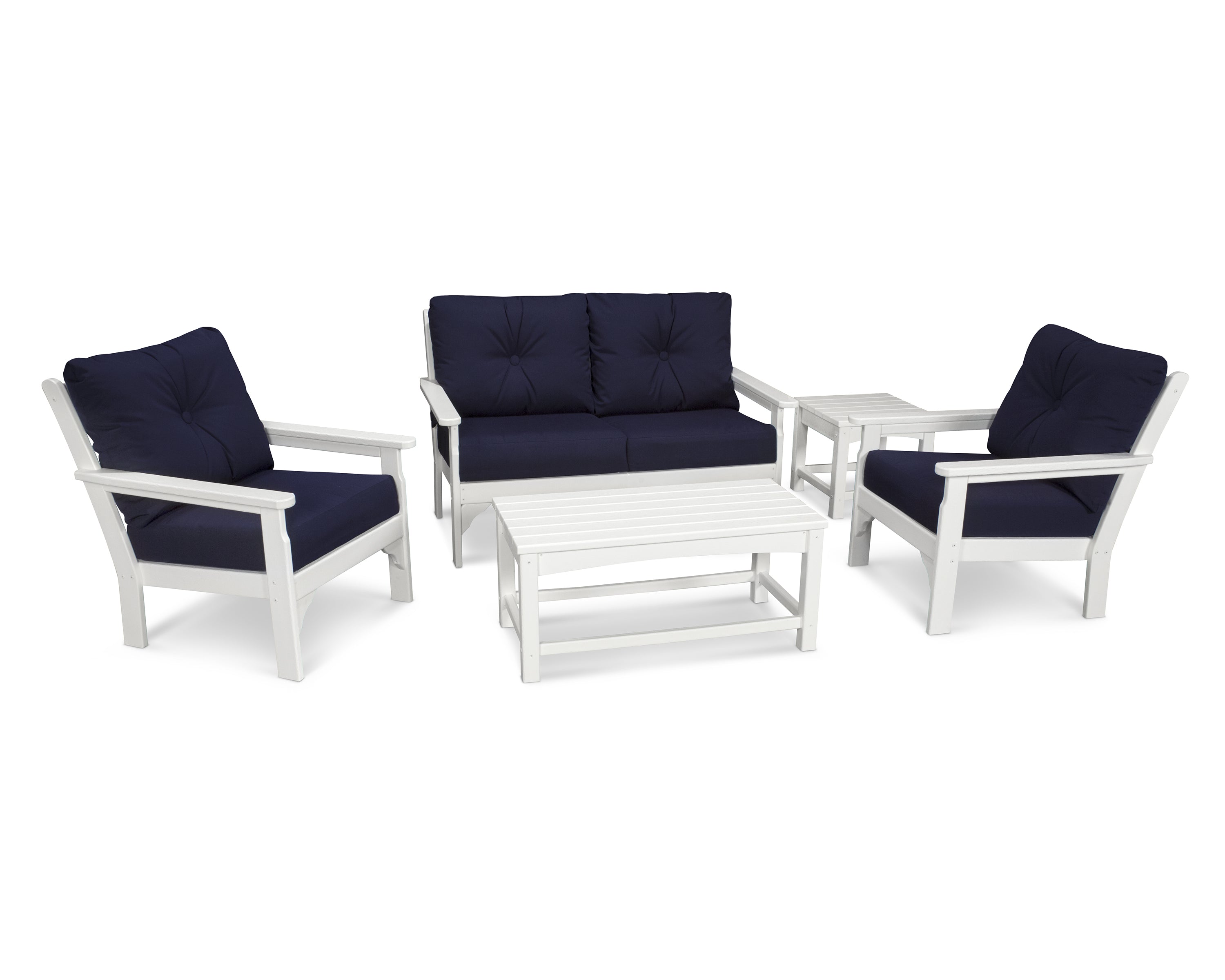 POLYWOOD® Vineyard 5 Piece Deep Seating Set in White / Navy