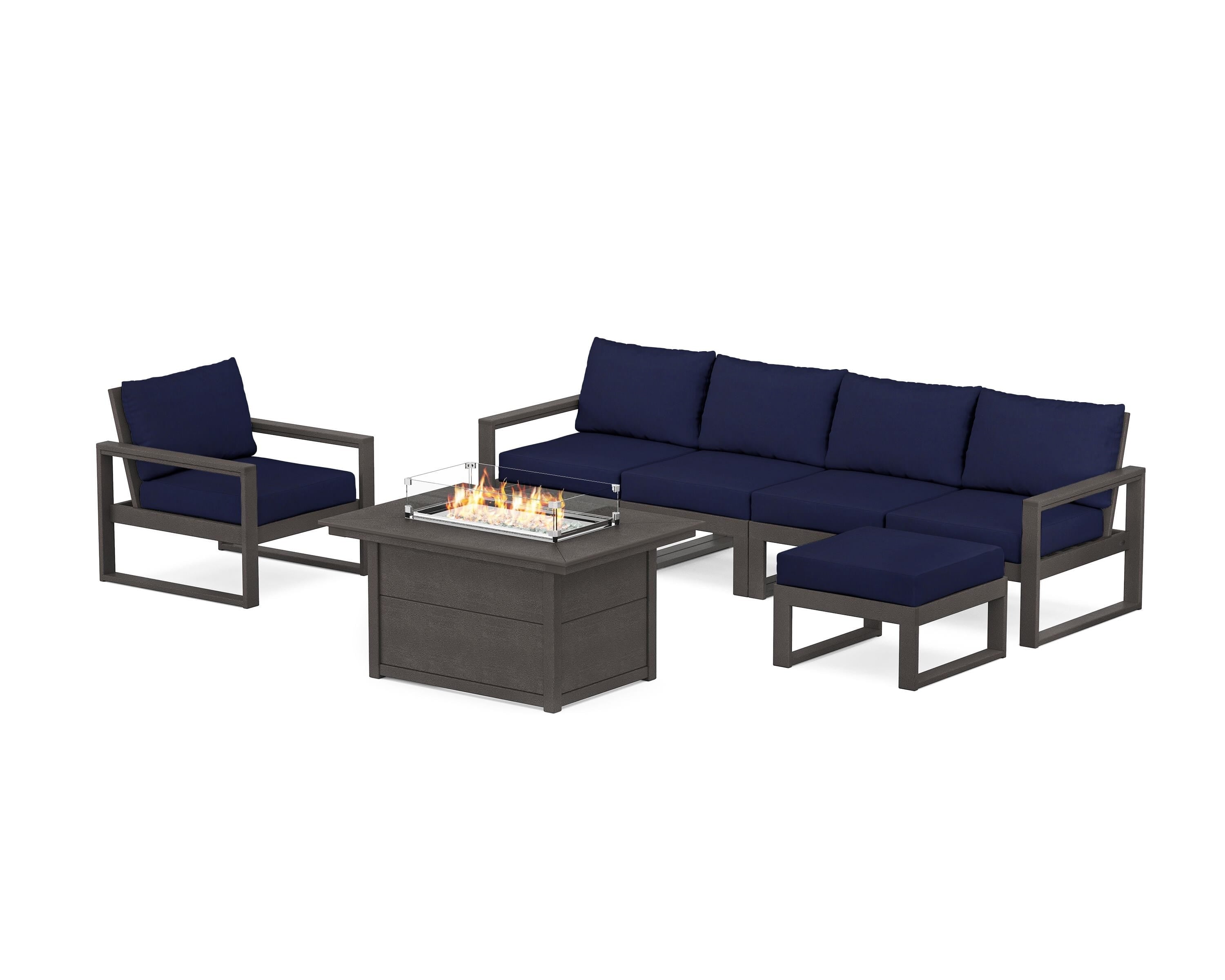 POLYWOOD® EDGE Sectional Lounge and Fire Pit Set in Vintage Coffee / Navy