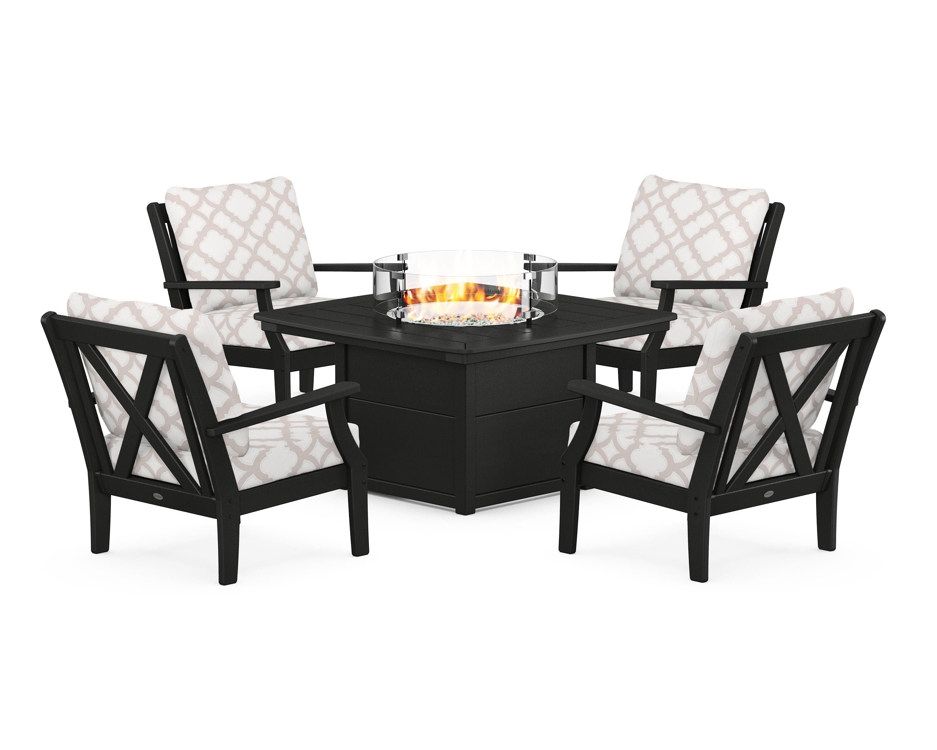 POLYWOOD® Braxton 5-Piece Deep Seating Conversation Set with Fire Pit Table in Black / Trellis Dune Burlap