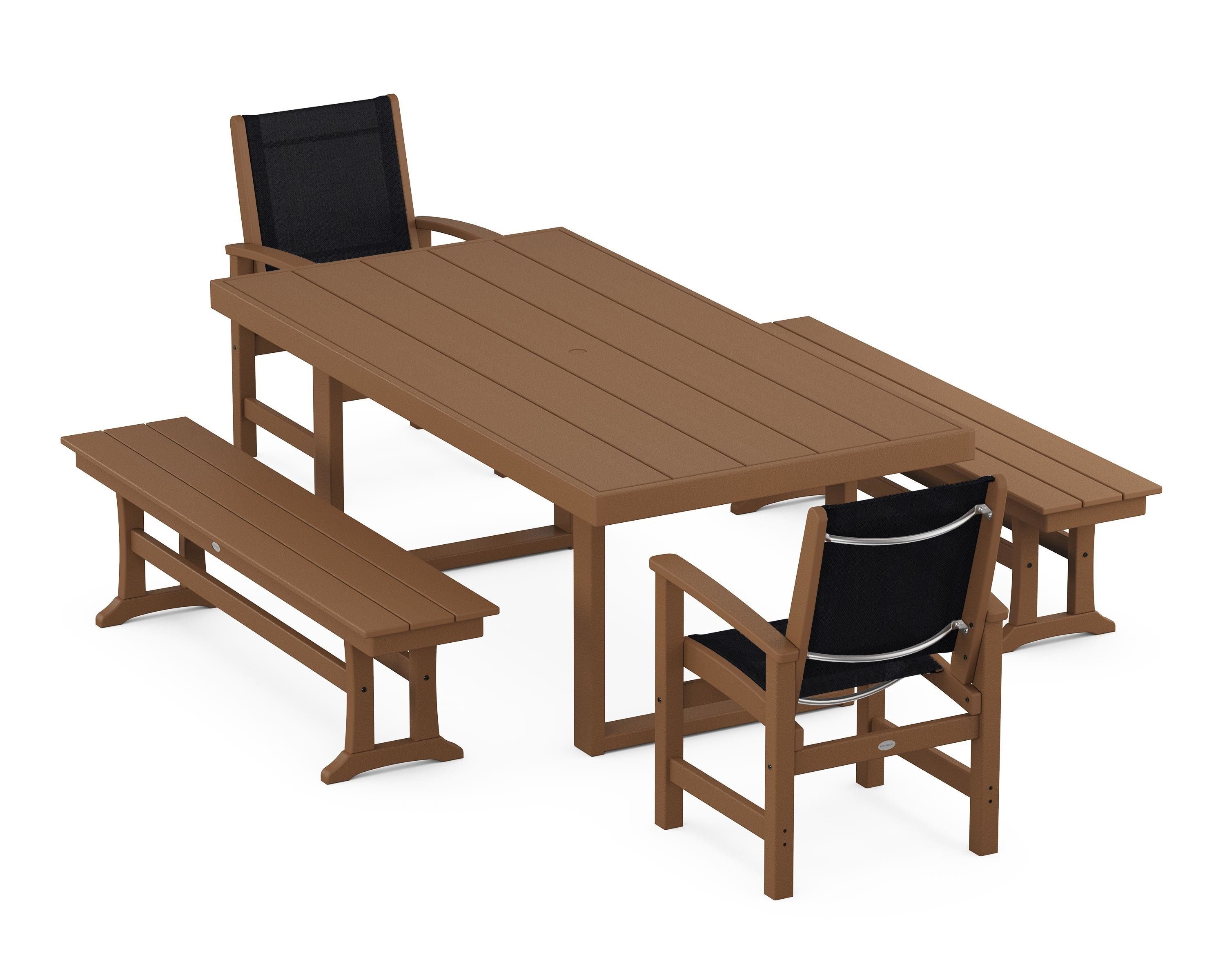 POLYWOOD® Coastal 5-Piece Dining Set with Trestle Legs in Teak / Black Sling