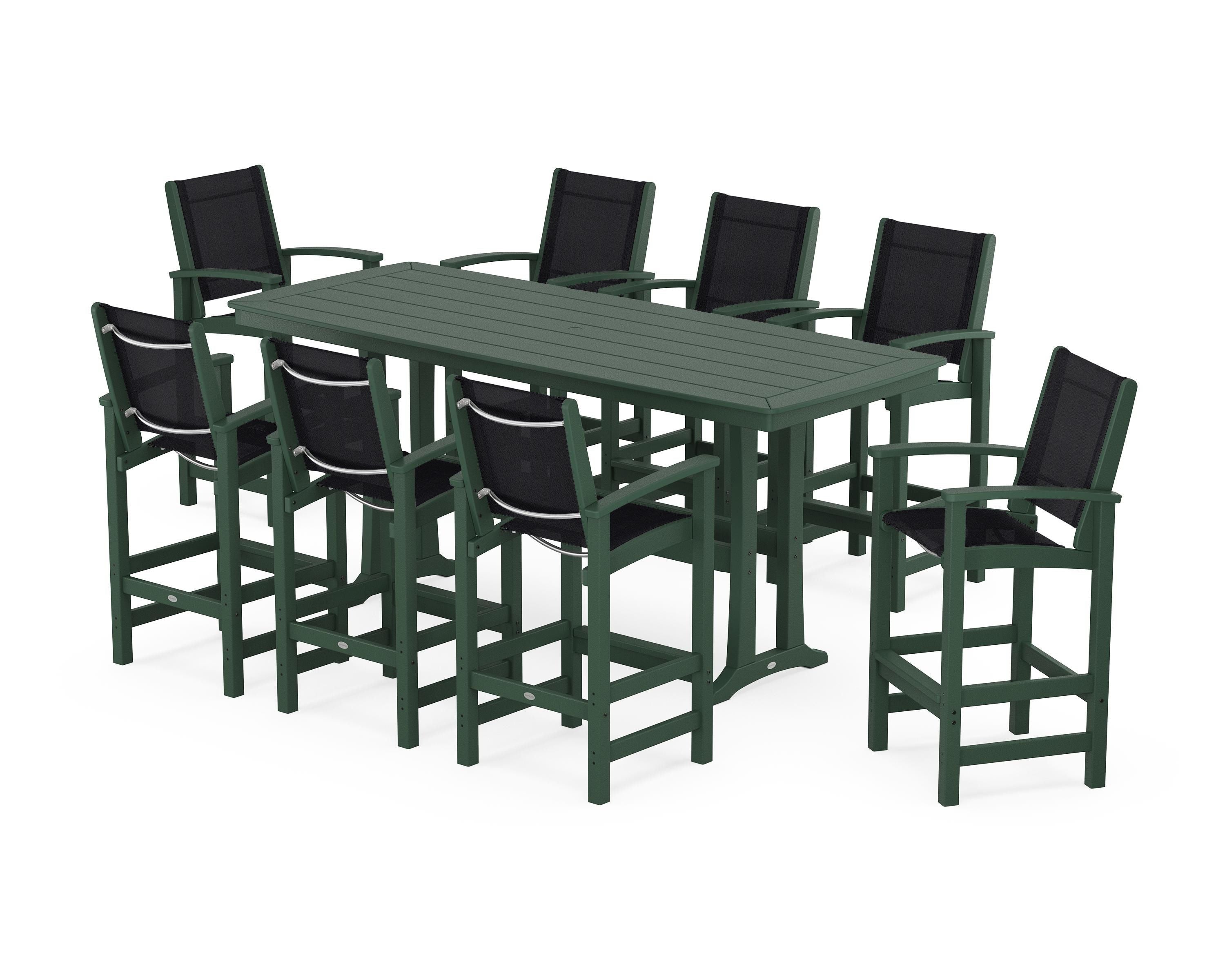 POLYWOOD® Coastal 9-Piece Bar Set with Trestle Legs in Green / Black Sling