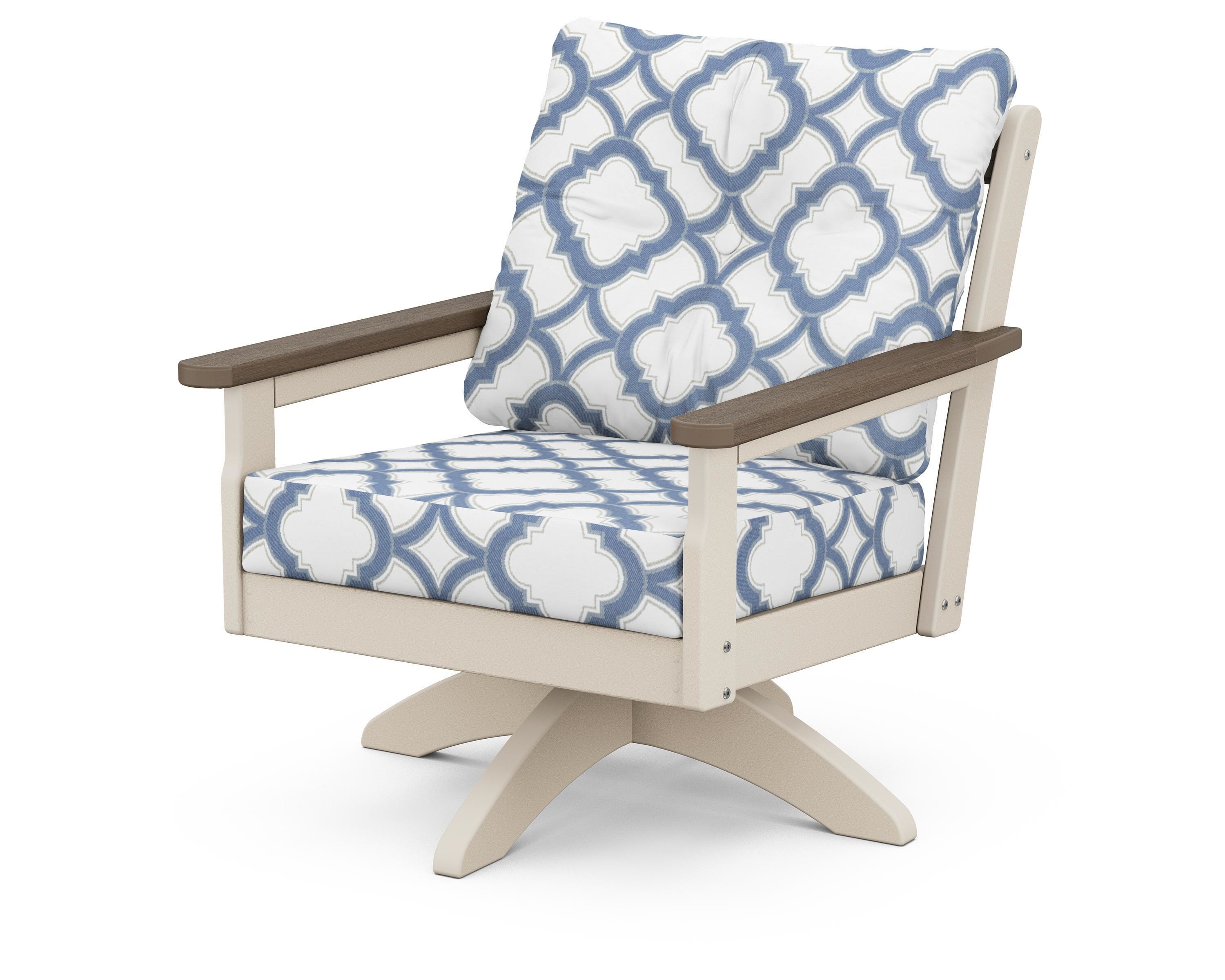 POLYWOOD® Vineyard Deep Seating Swivel Chair in Sand / Kona / Trellis Sky Blue