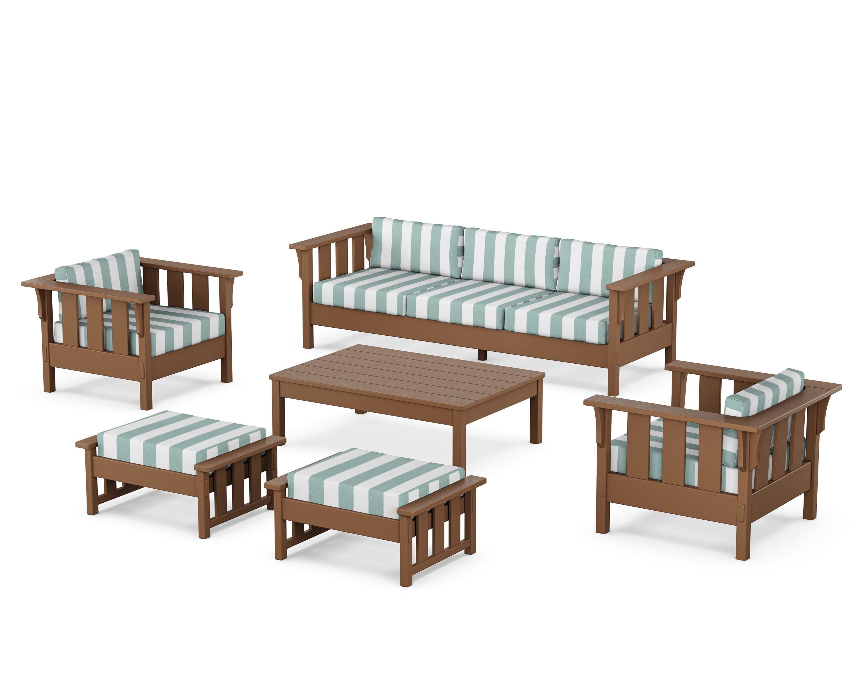 Martha Stewart by POLYWOOD® Acadia 6-Piece Lounge Sofa Set in Teak / Cabana Stripe Glacier Spa