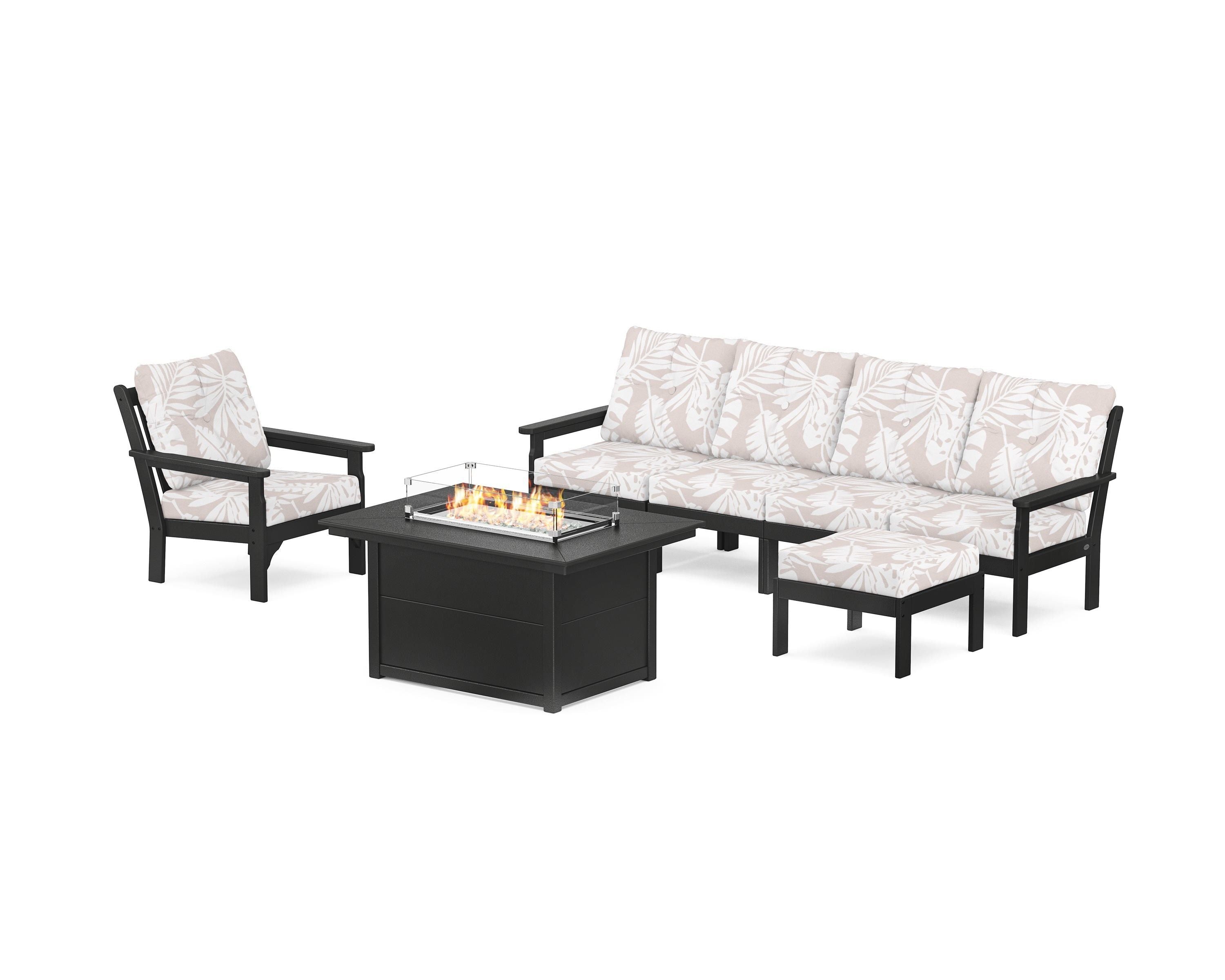 POLYWOOD® Vineyard Sectional Lounge and Fire Pit Set in Black / Leaf Dune Burlap