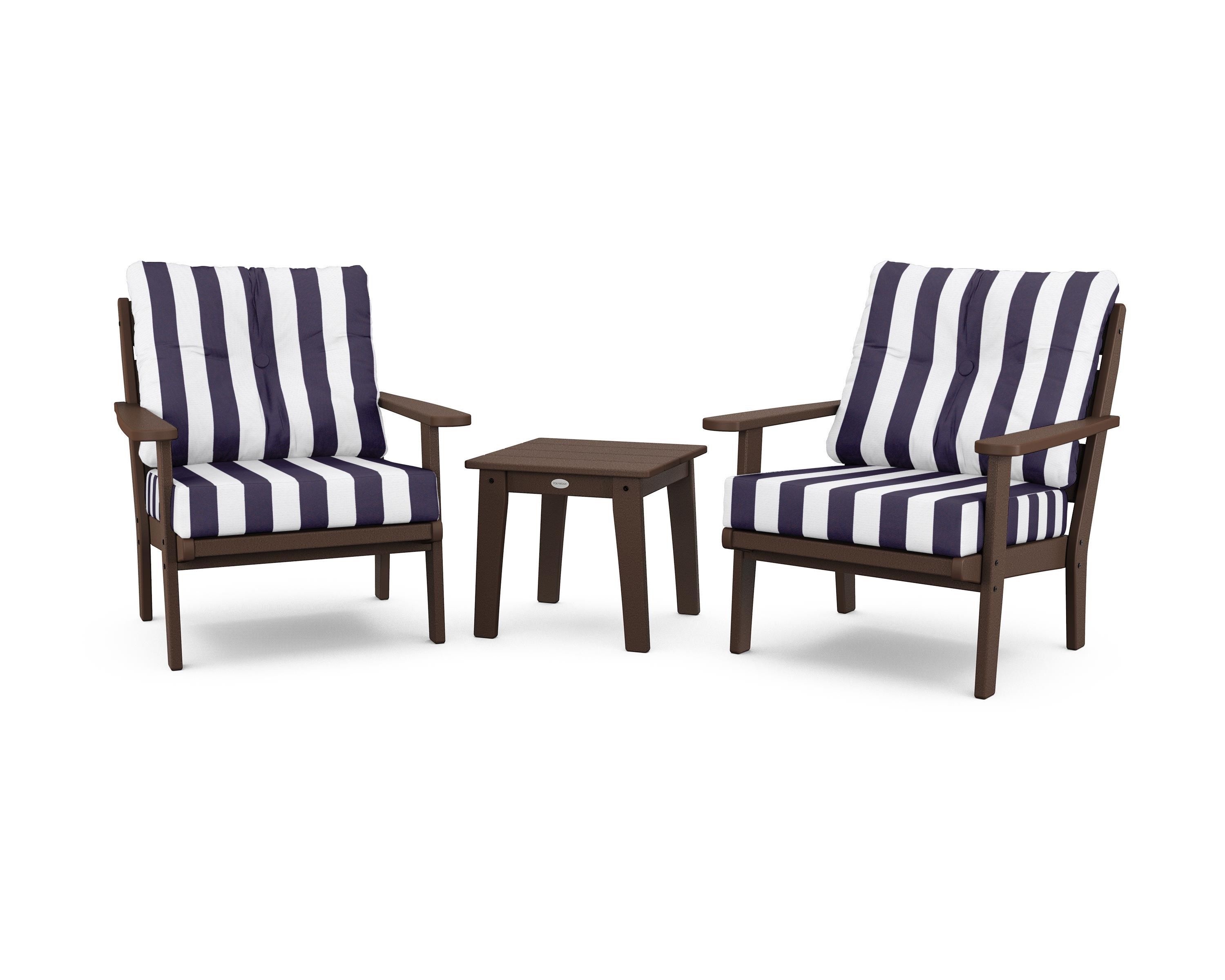 POLYWOOD® Lakeside 3-Piece Deep Seating Chair Set in Mahogany / Cabana Stripe Navy