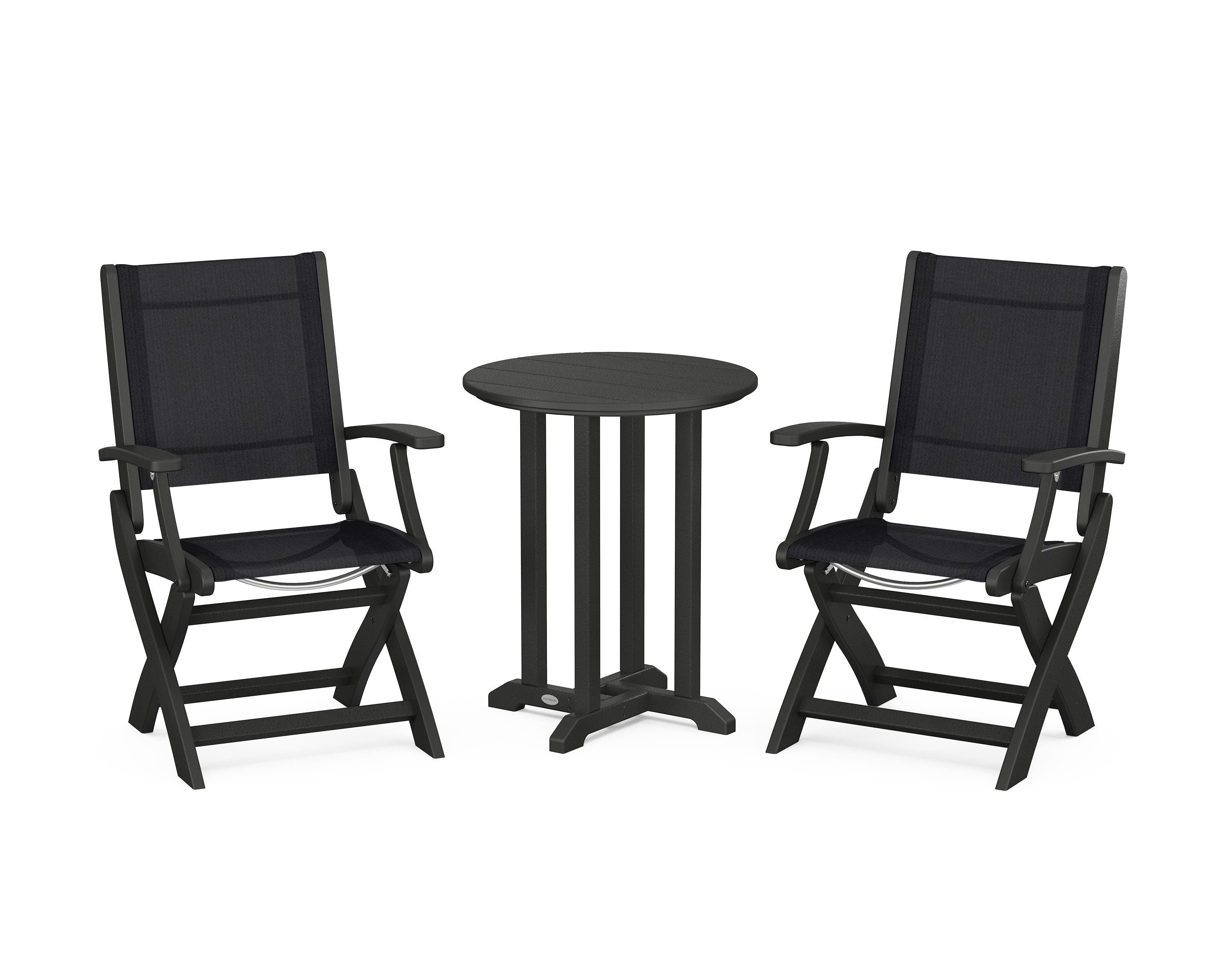 POLYWOOD® Coastal Folding 3-Piece Round Bistro Dining Set in Black / Black Sling