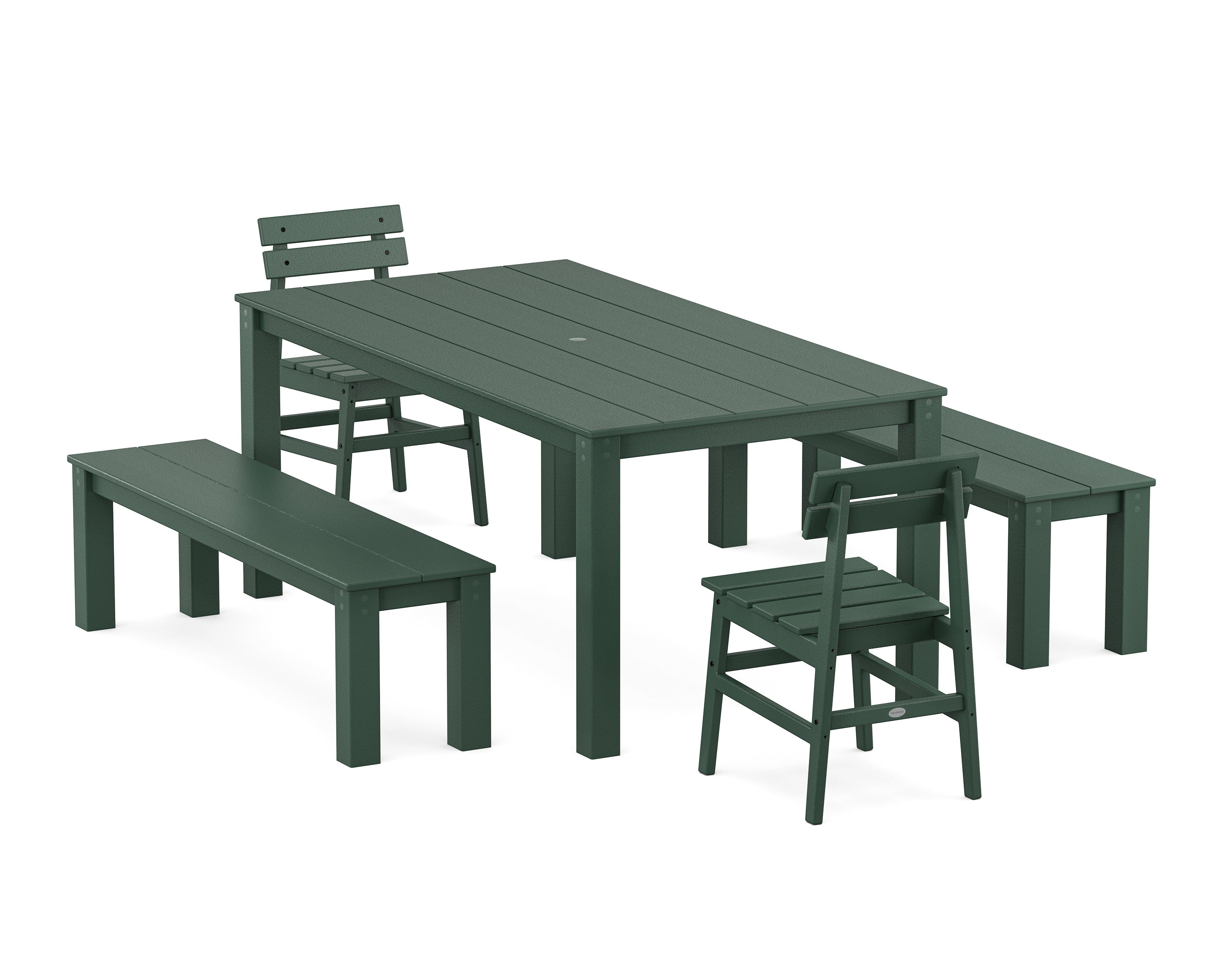 POLYWOOD® Modern Studio Plaza Chair 5-Piece Parsons Dining Set with Benches in Green
