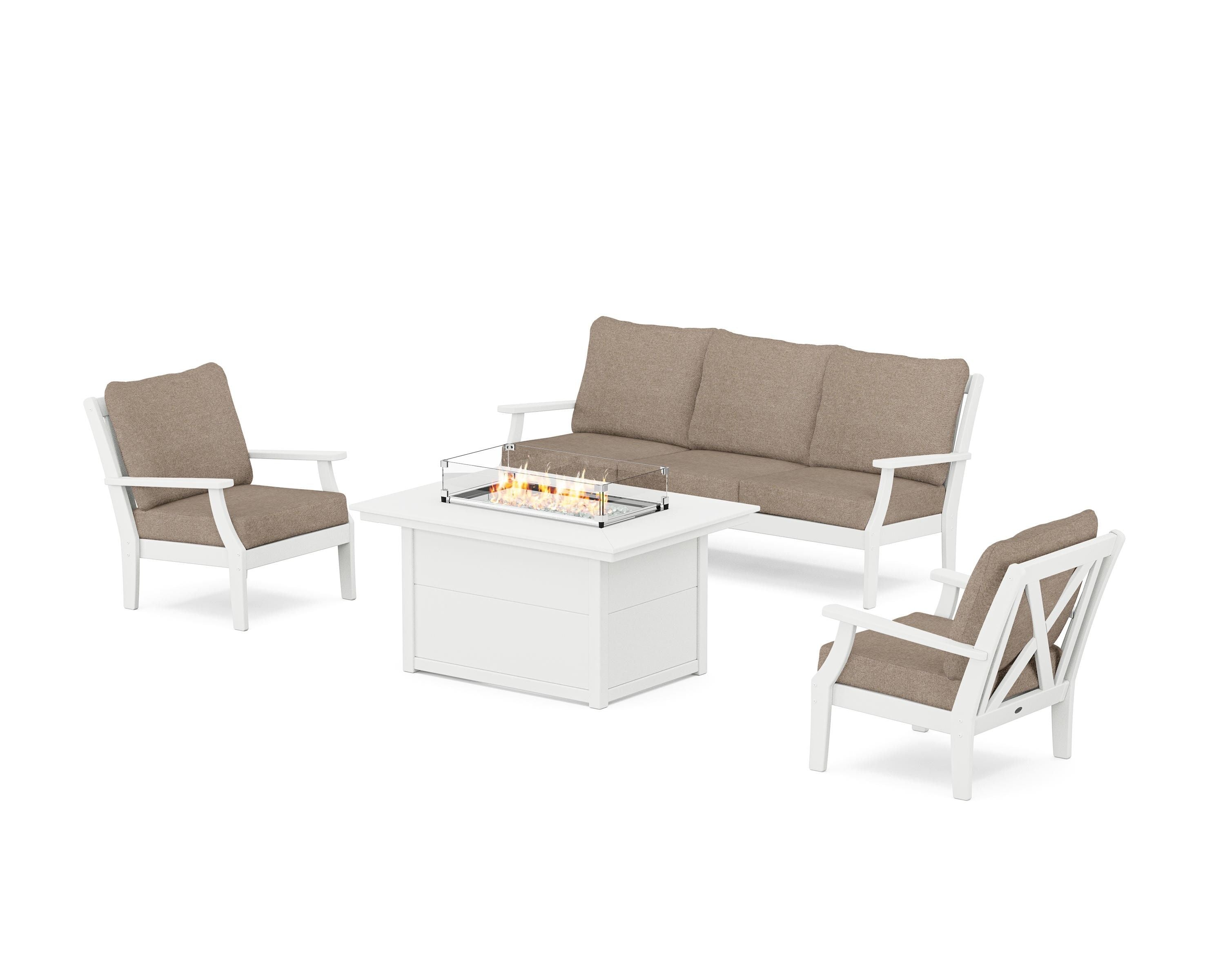 POLYWOOD® Braxton Deep Seating Fire Pit Table Set in White / Spiced Burlap
