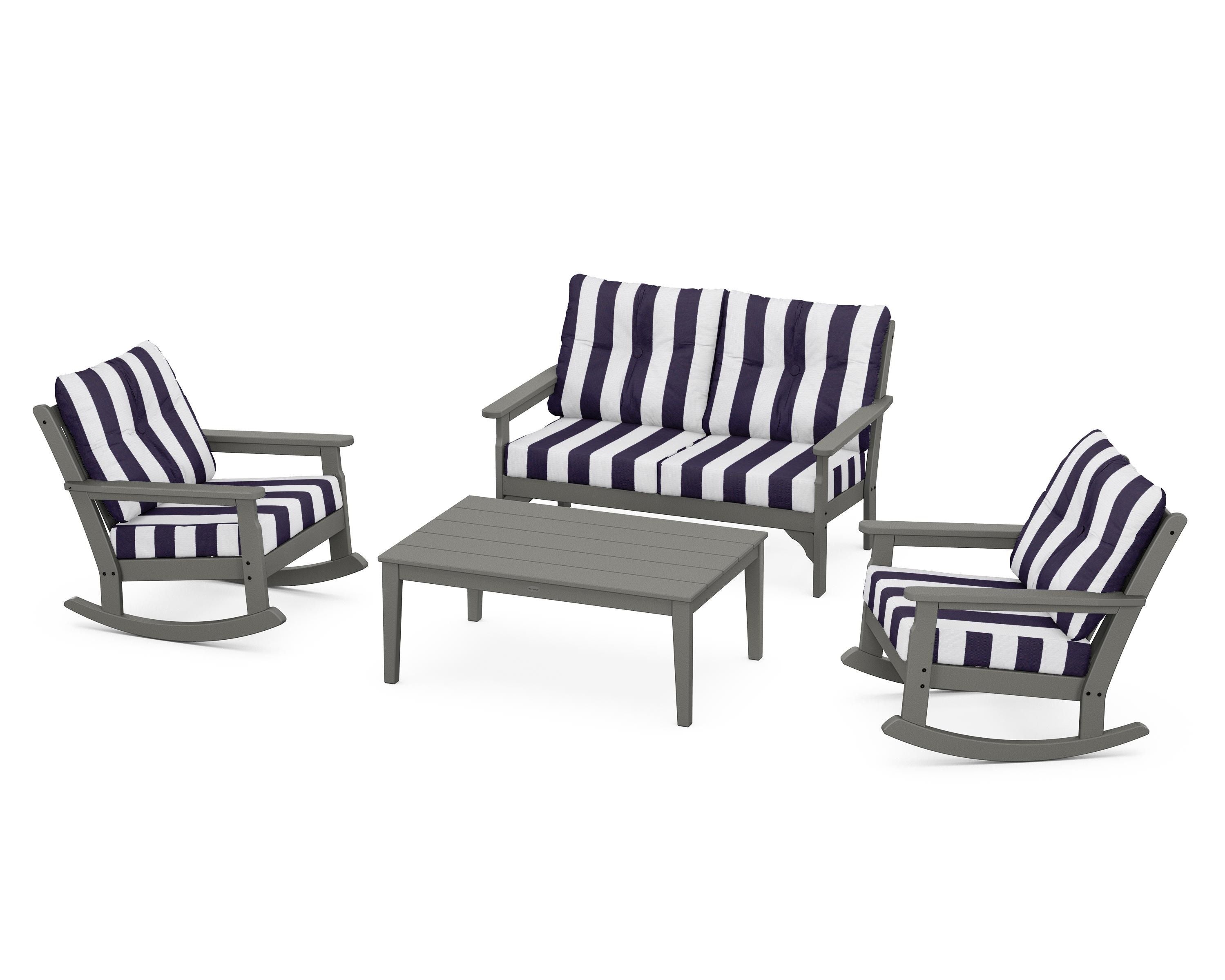 POLYWOOD® Vineyard 4-Piece Deep Seating Rocking Chair Set in Slate Grey / Cabana Stripe Navy