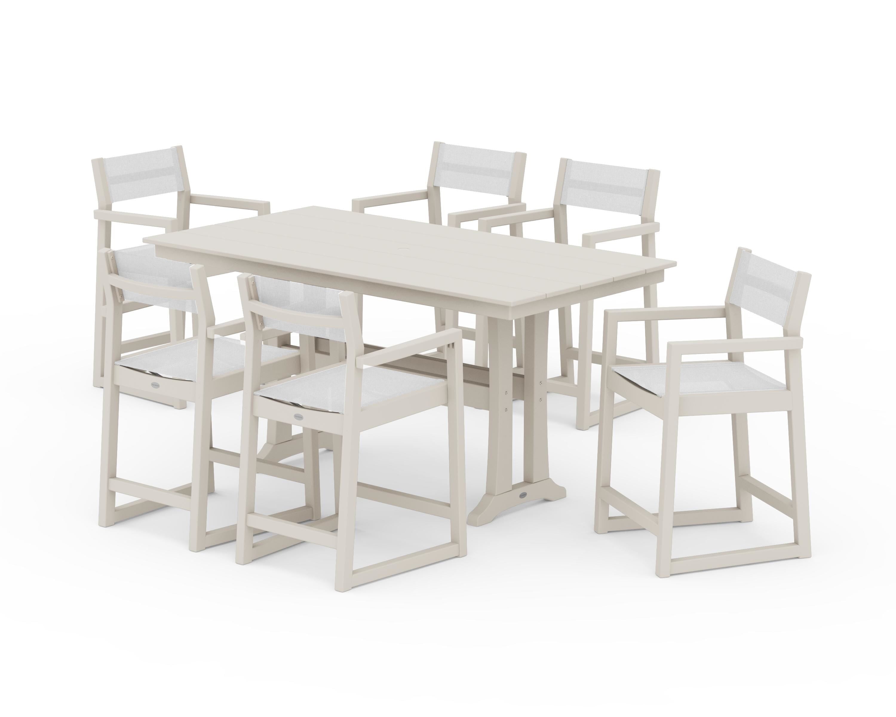 POLYWOOD® EDGE Sling Arm Chair 7-Piece Farmhouse Counter Set with Trestle Legs in Sand / White Sling