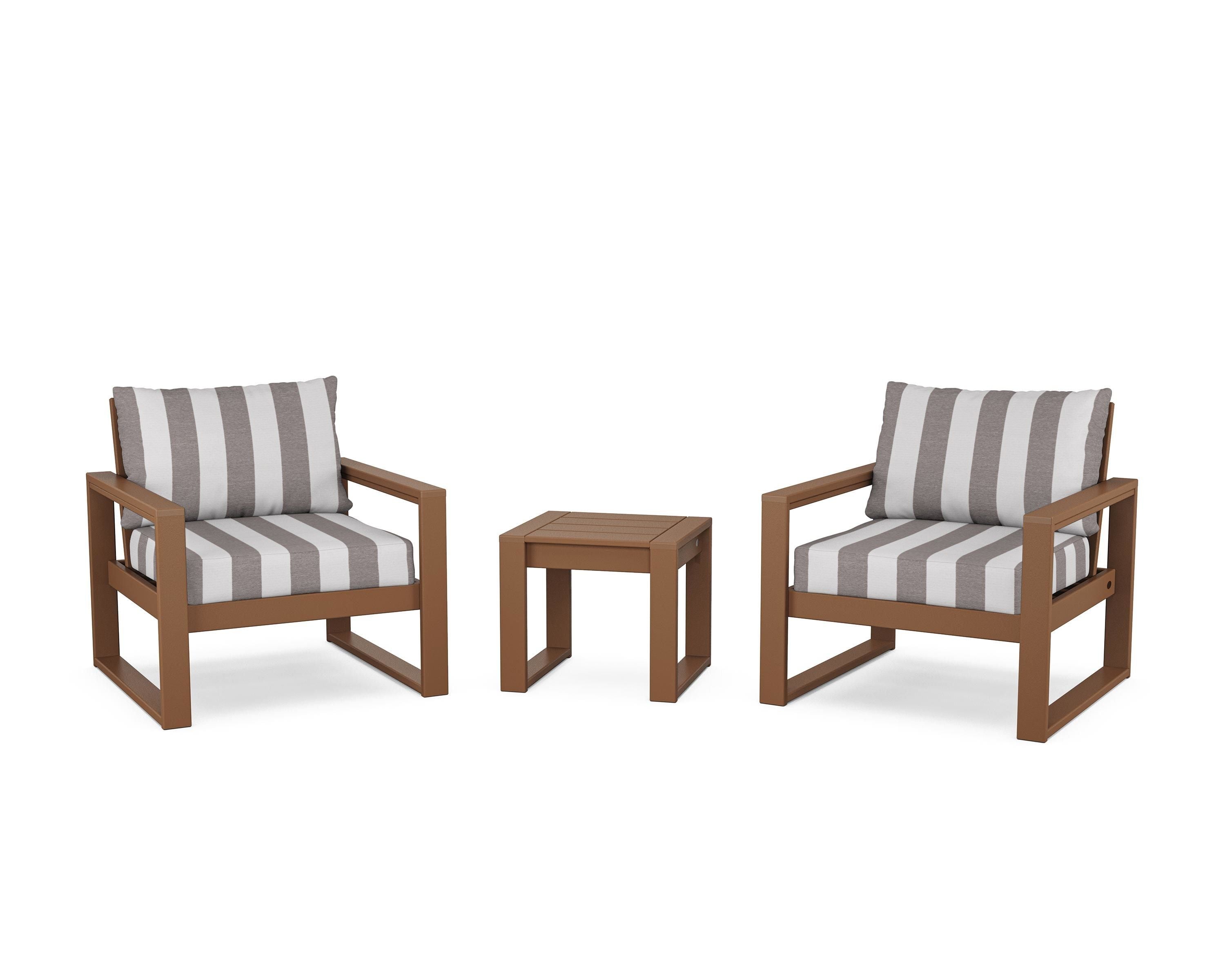 POLYWOOD® EDGE Sectional 3-Piece Deep Seating Set in Teak / Cabana Stripe Grey Mist