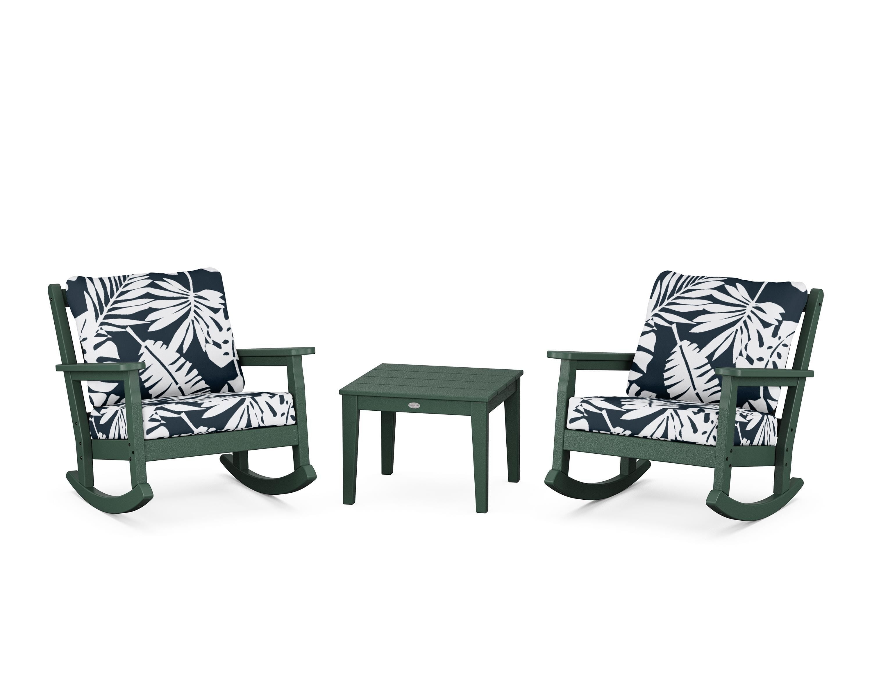 POLYWOOD® Chippendale 3-Piece Deep Seating Rocker Set in Green / Leaf Marine Indigo