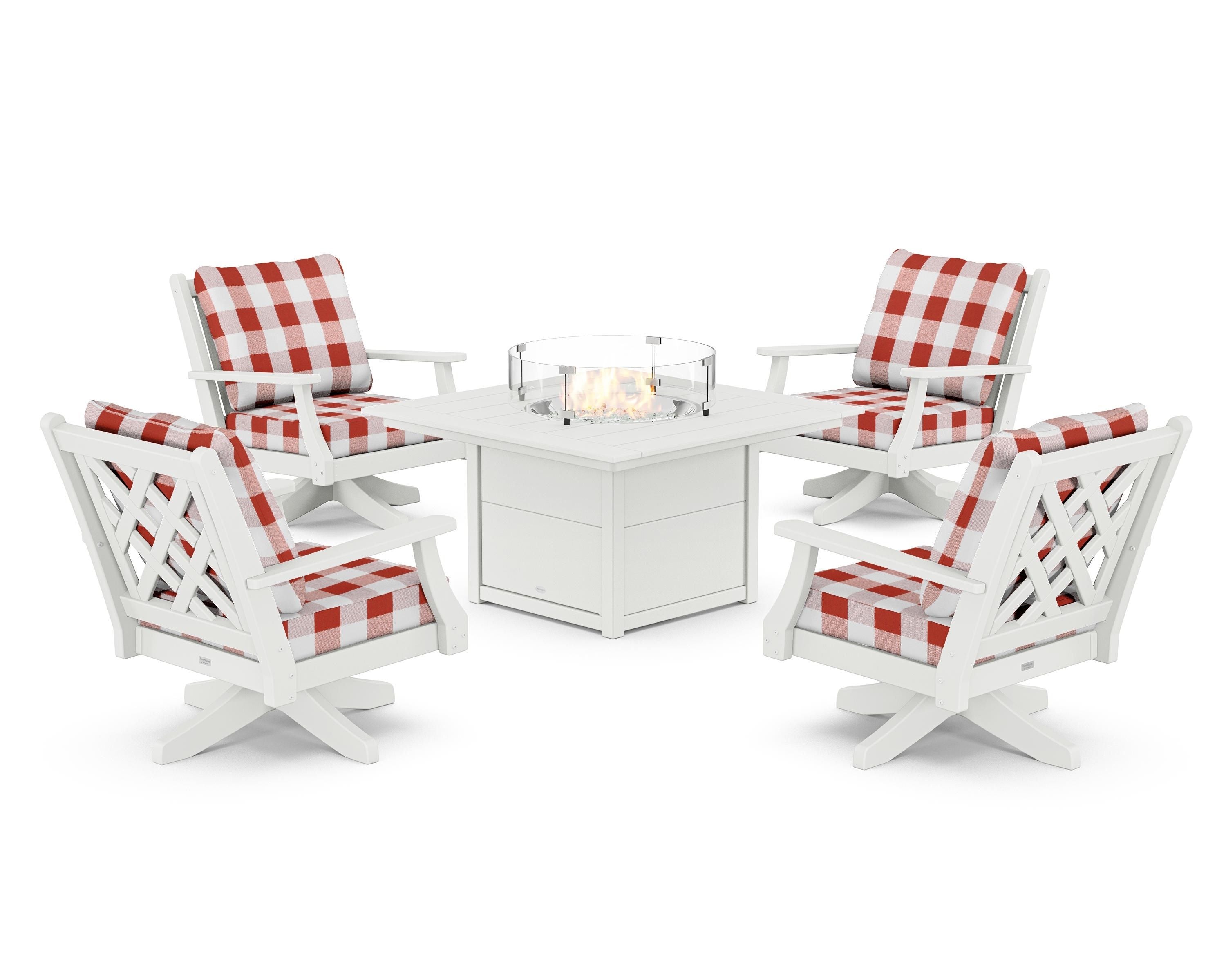 Country Living Wovendale 5-Piece Deep Seating Swivel Conversation Set with Fire Pit Table in White / Buffalo Plaid Crimson