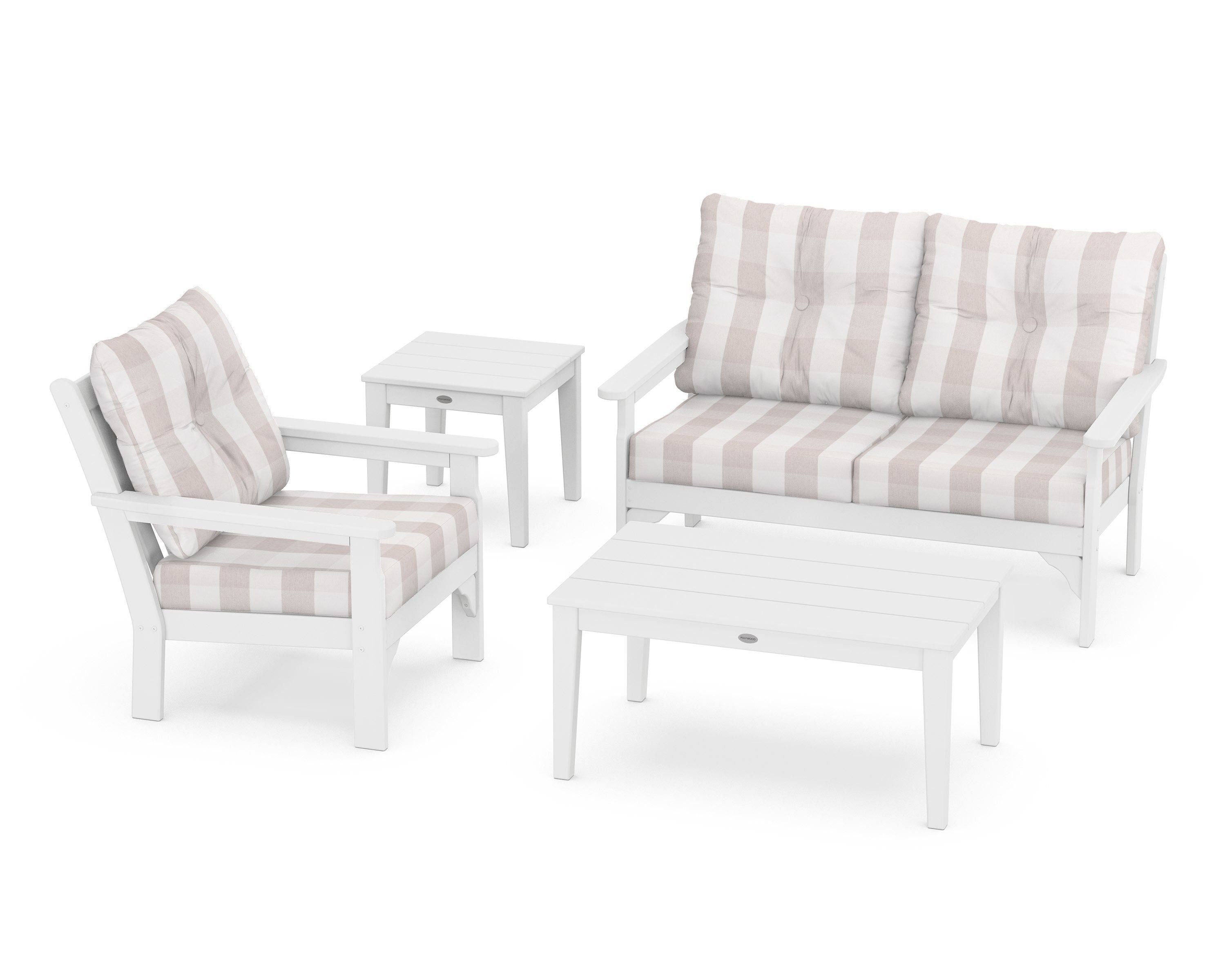 POLYWOOD® Vineyard 4-Piece Deep Seating Set in White / Buffalo Plaid Dune Burlap
