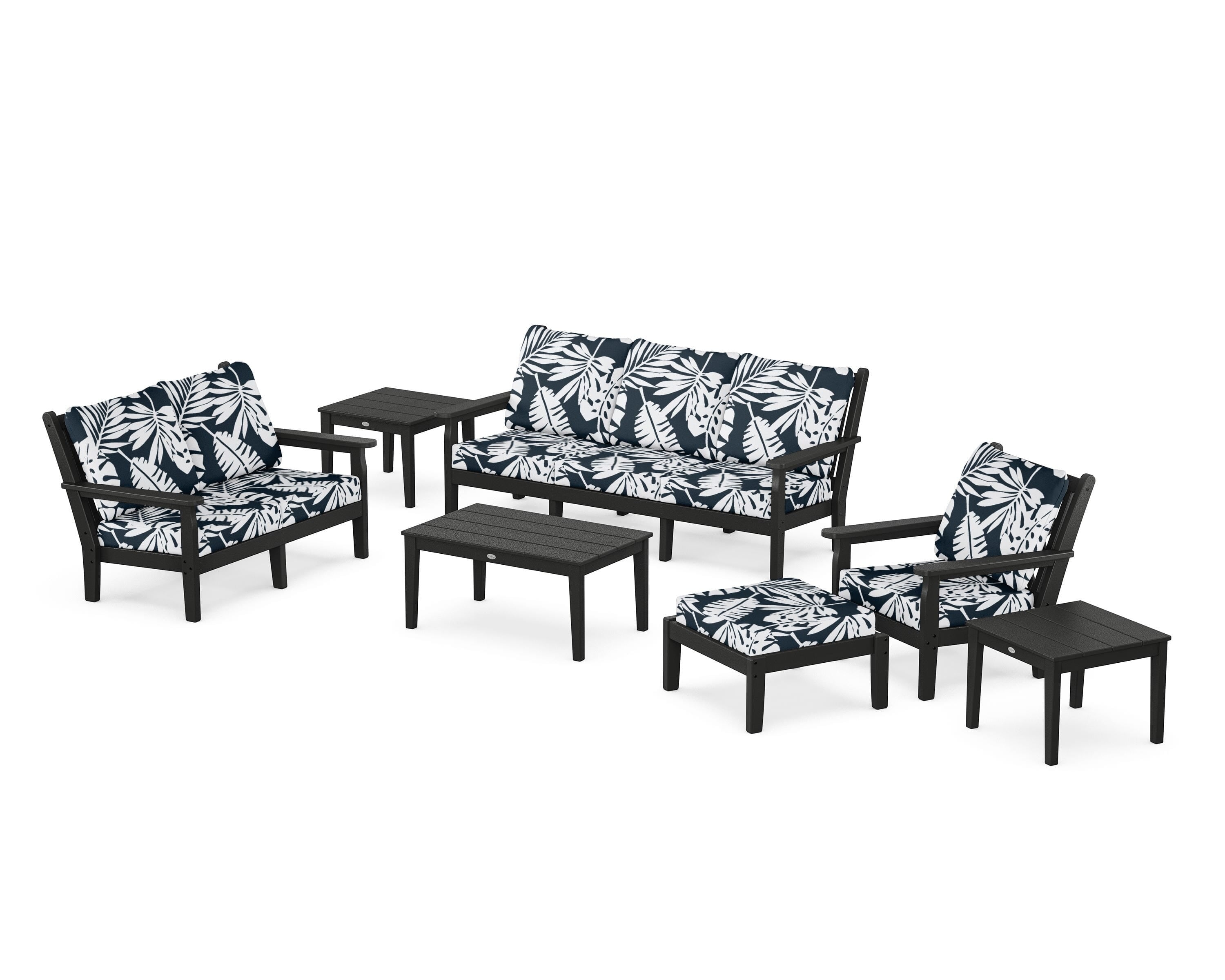 POLYWOOD® Chippendale 7-Piece Deep Seating Set in Black / Leaf Marine Indigo
