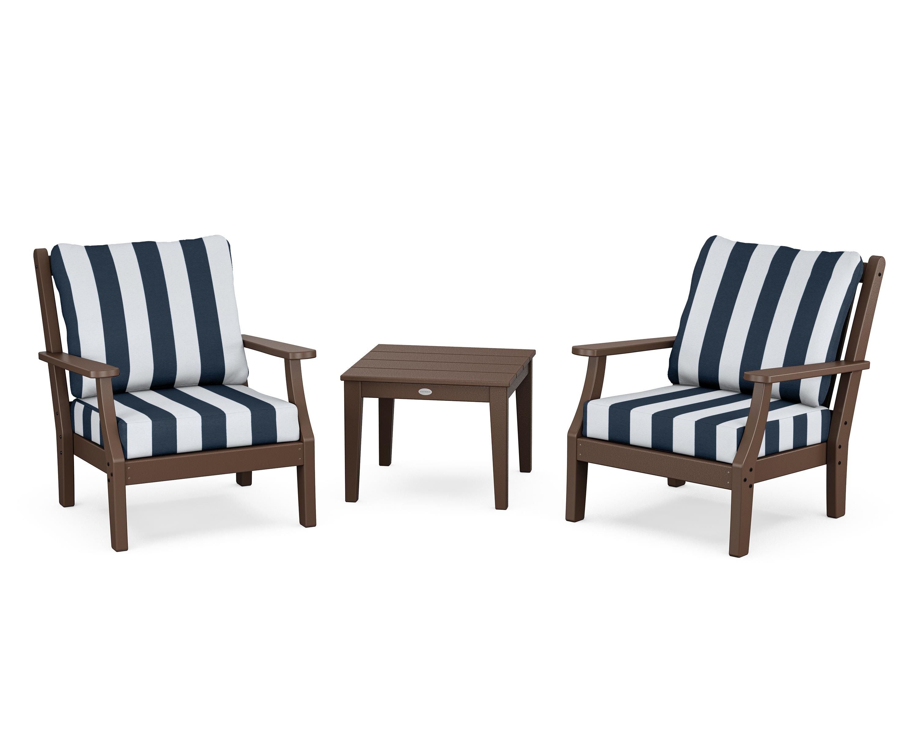 Country Living Wovendale 3-Piece Deep Seating Set in Mahogany / Cabana Stripe Marine Indigo